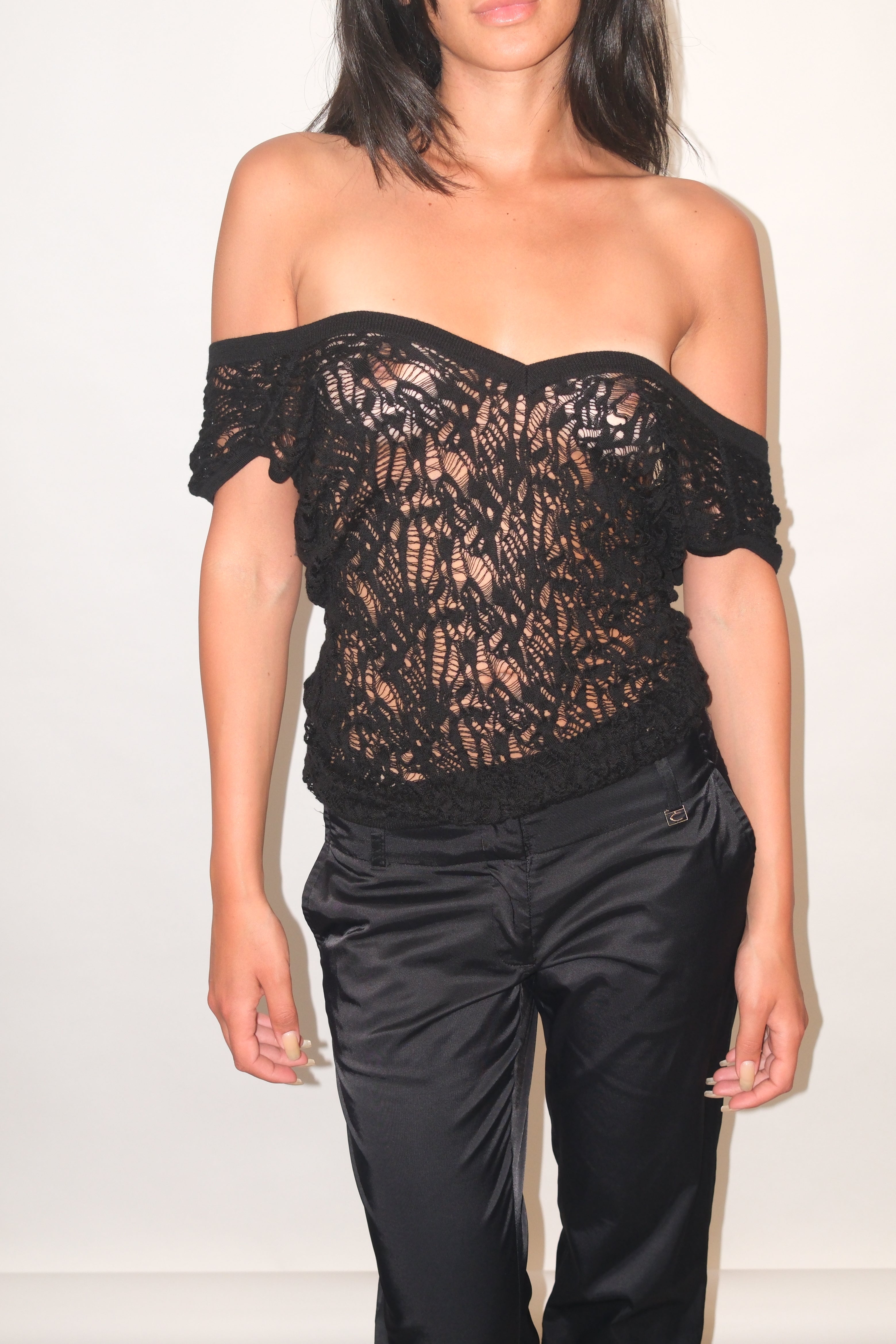Black Off-Shoulder Crochet Top With Open Back
