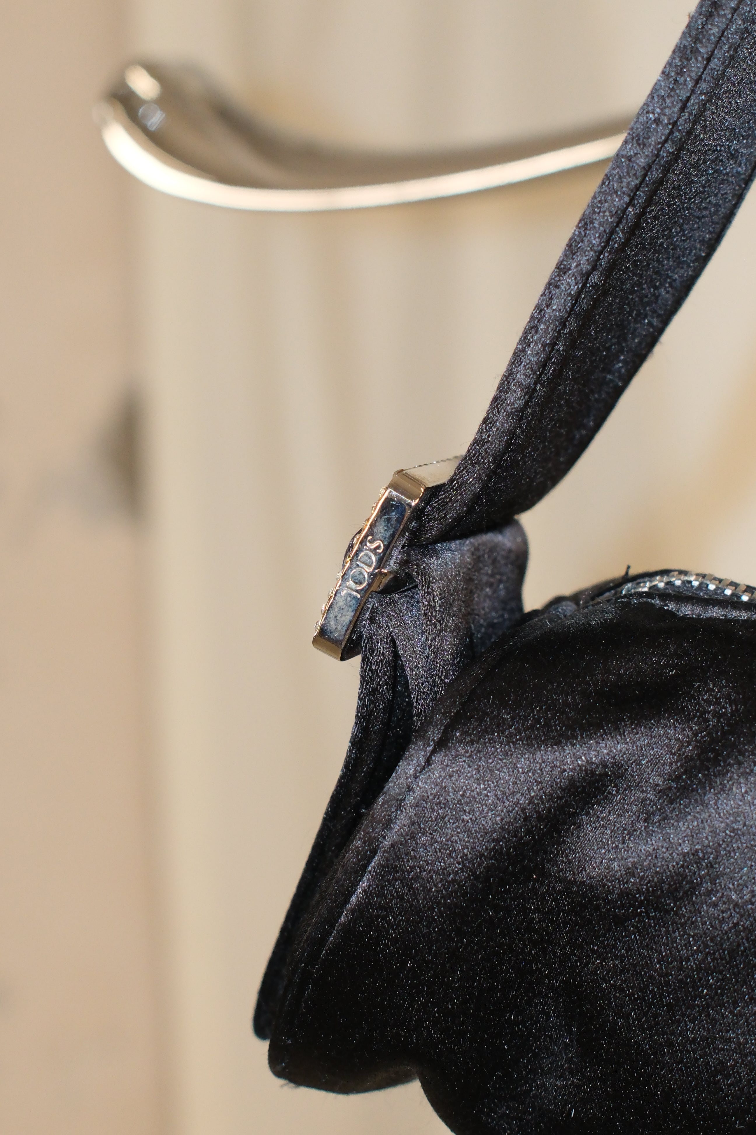 Tod's mini satin baguette handbag with rhinestoned hardware