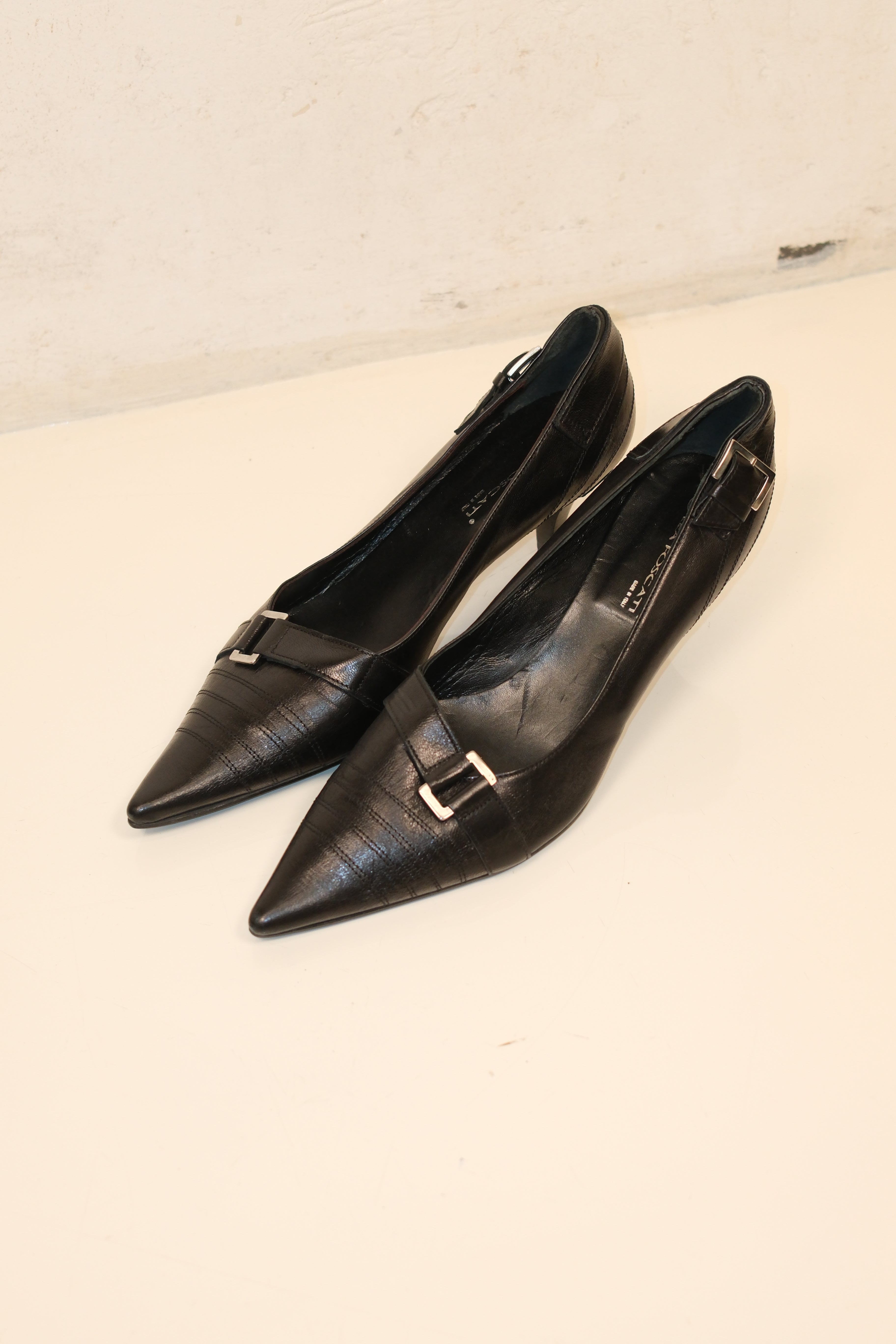 Italian Pointed Kitten Heel Leather Shoes with Buckles, Size 40