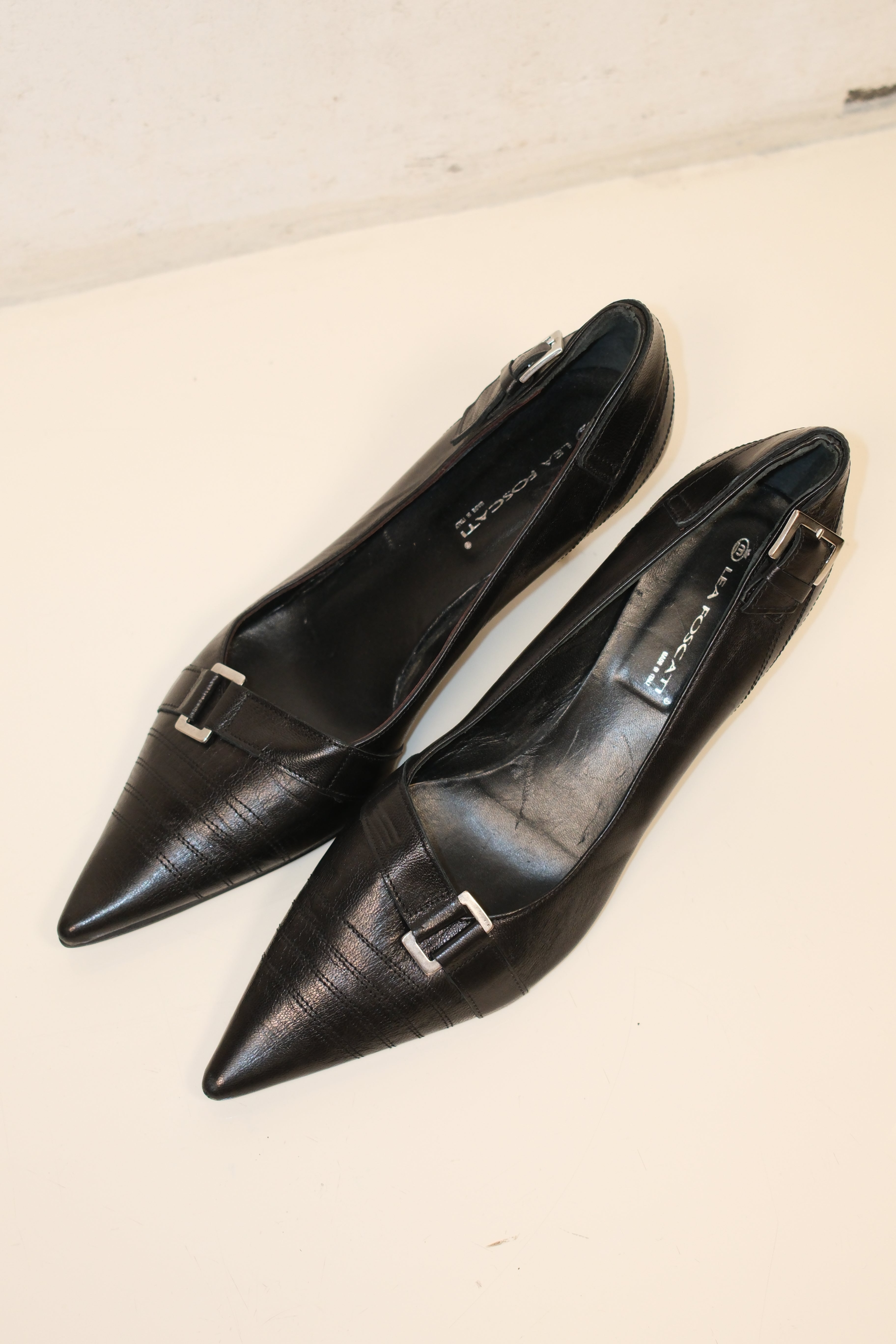 Italian Pointed Kitten Heel Leather Shoes with Buckles, Size 40