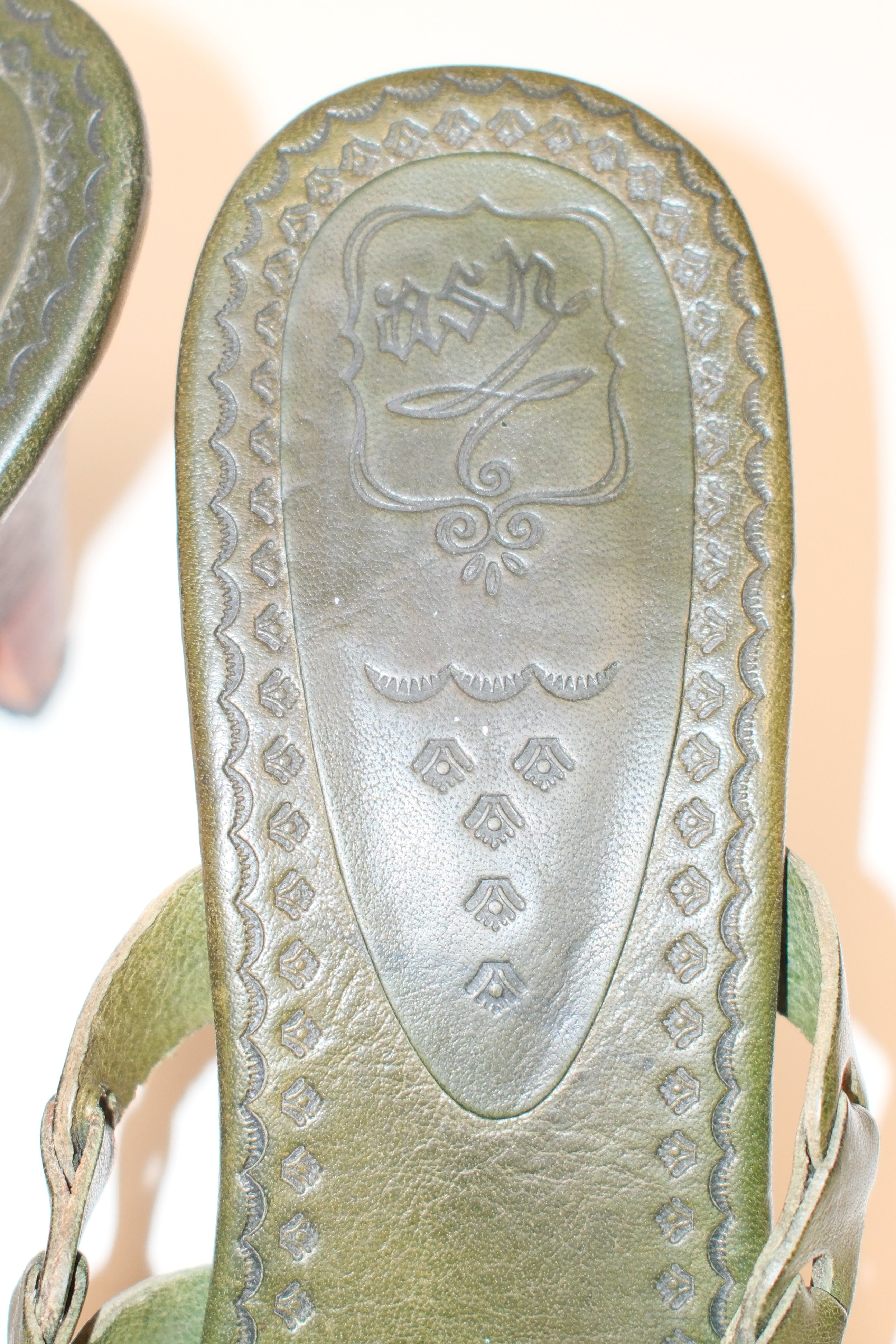 Olive Green Woven Leather Heeled Sandals Boho Style with Mandala Details, size 39.5