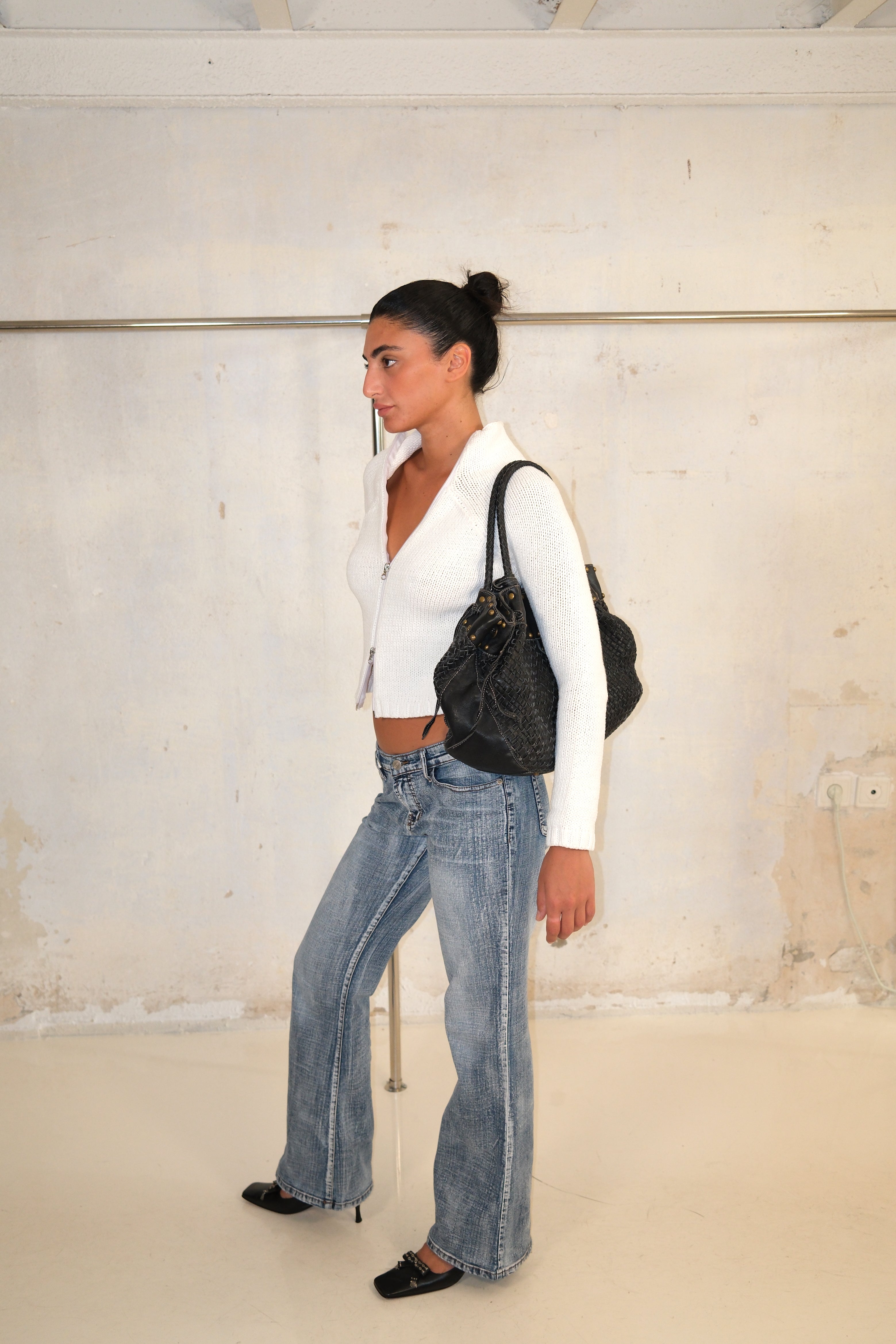 Two-Way Zipper White Knit Sweater