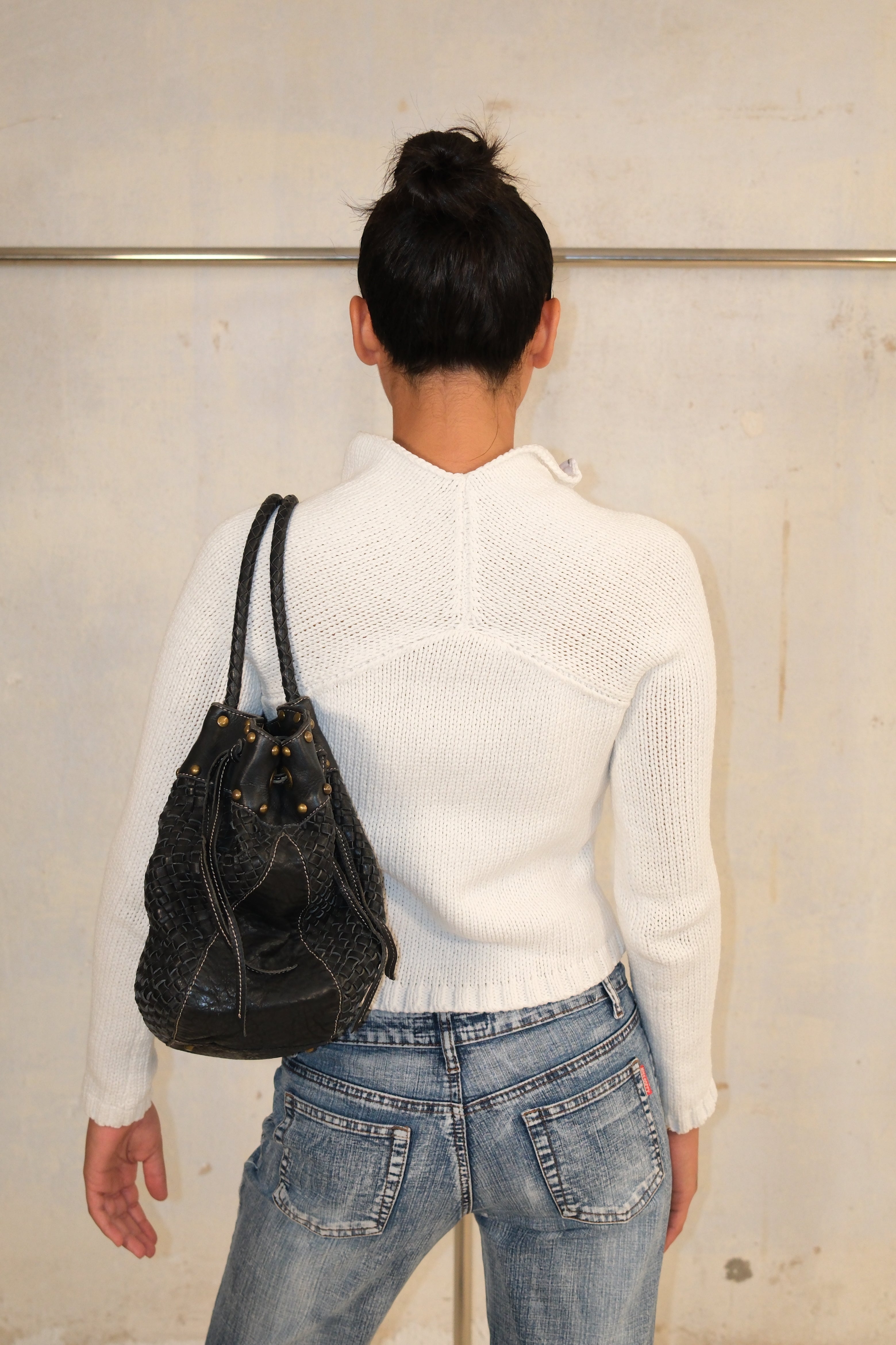 Two-Way Zipper White Knit Sweater