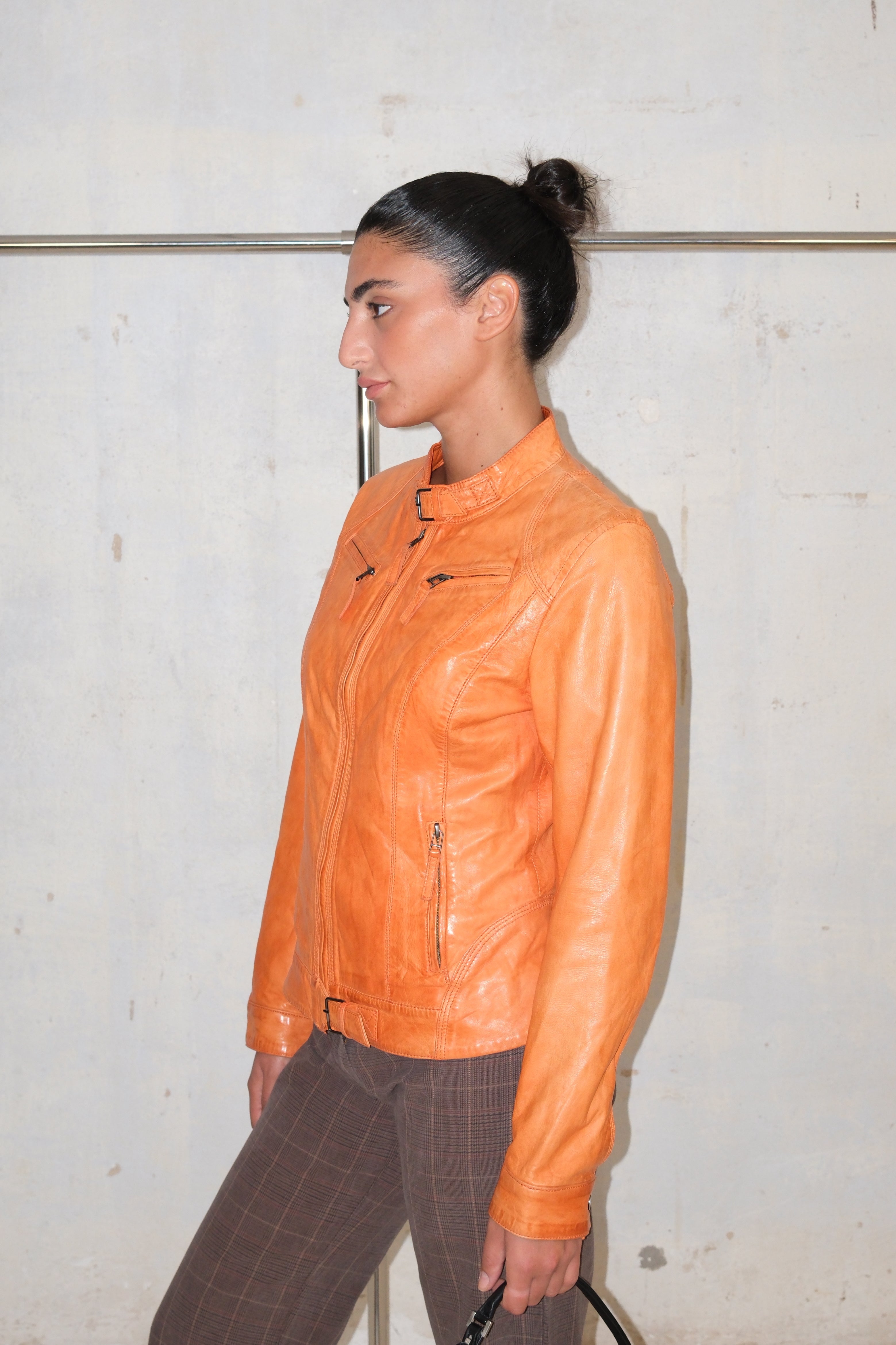 Leather Orange Jacket With Zippers
