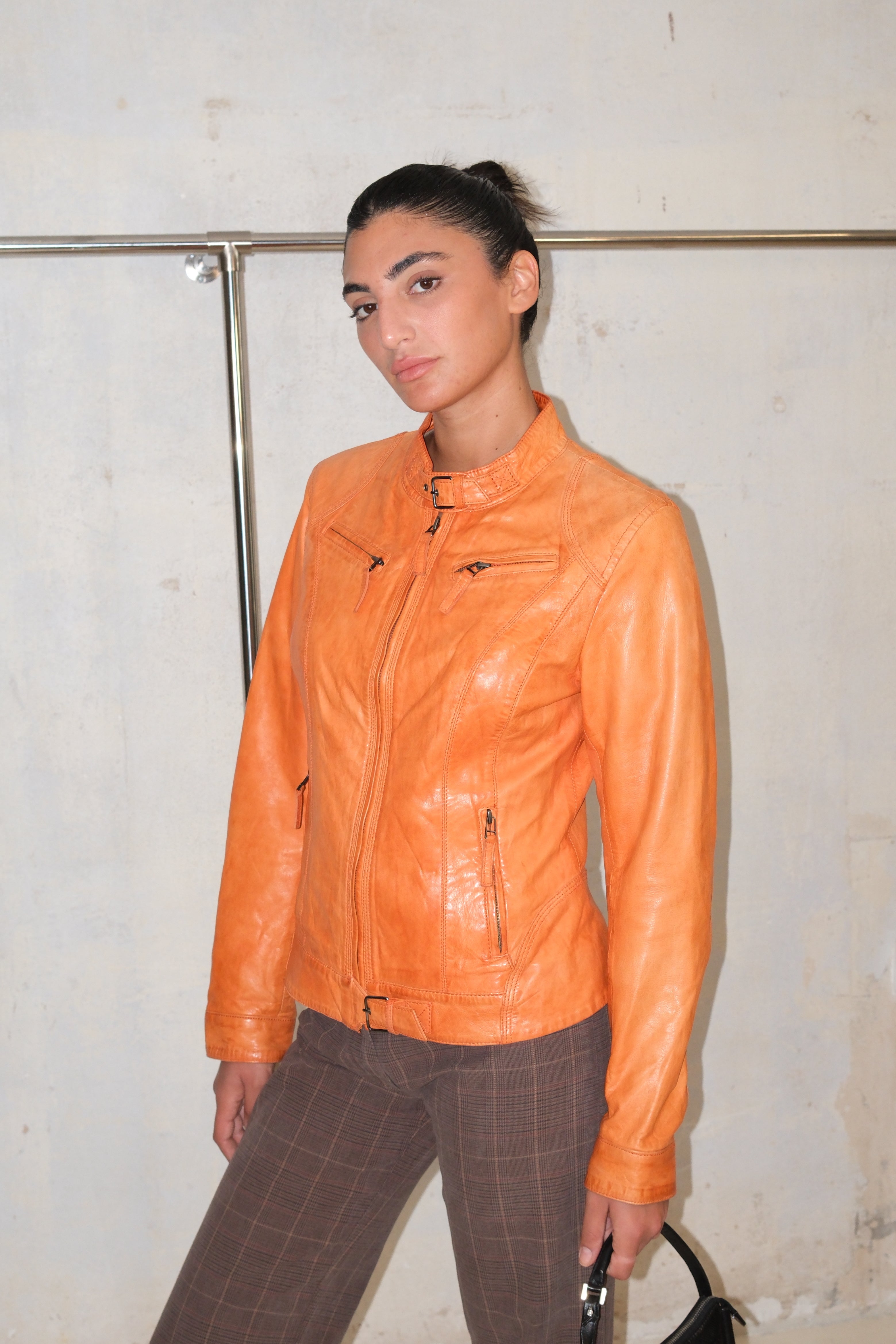 Leather Orange Jacket With Zippers