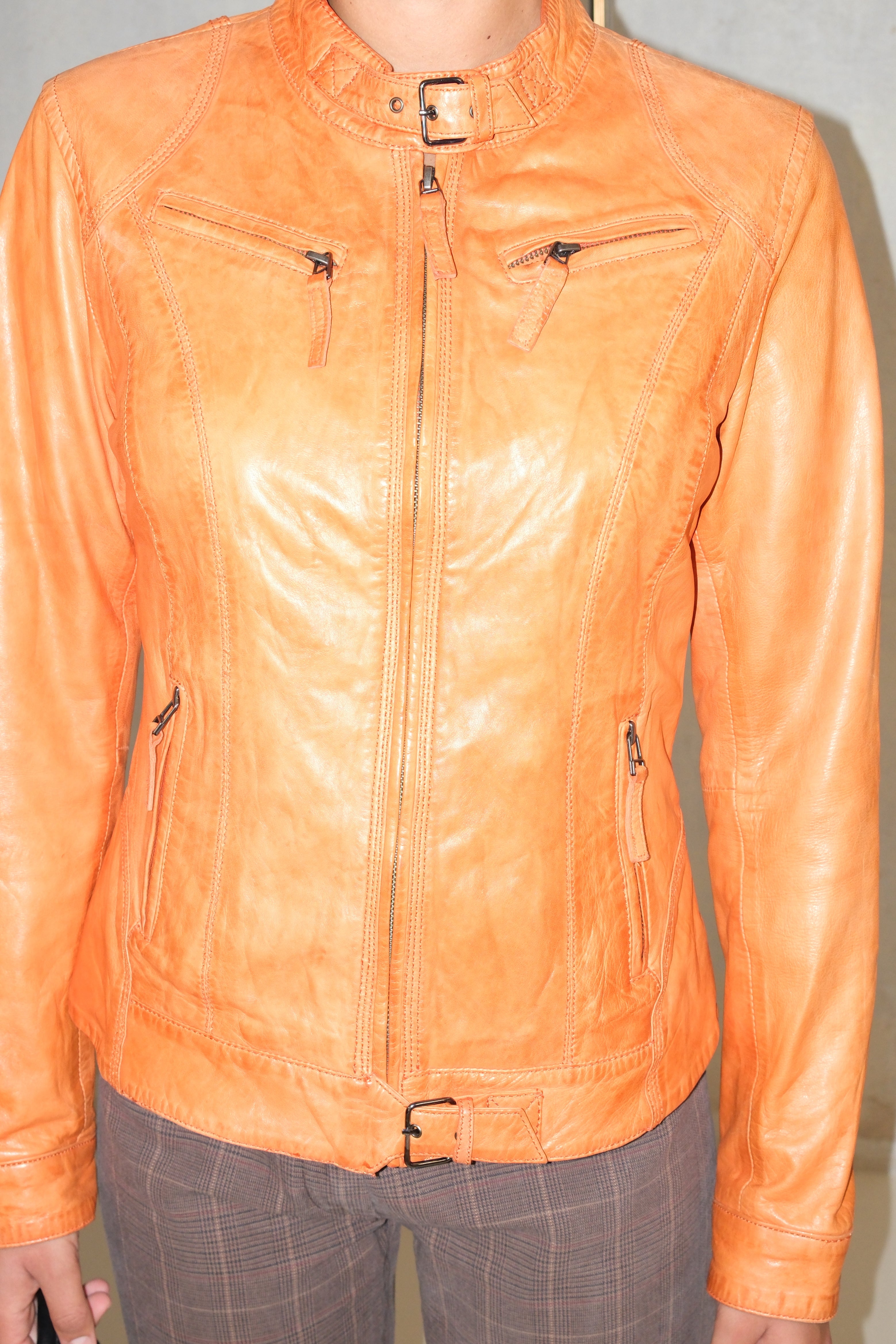 Leather Orange Jacket With Zippers