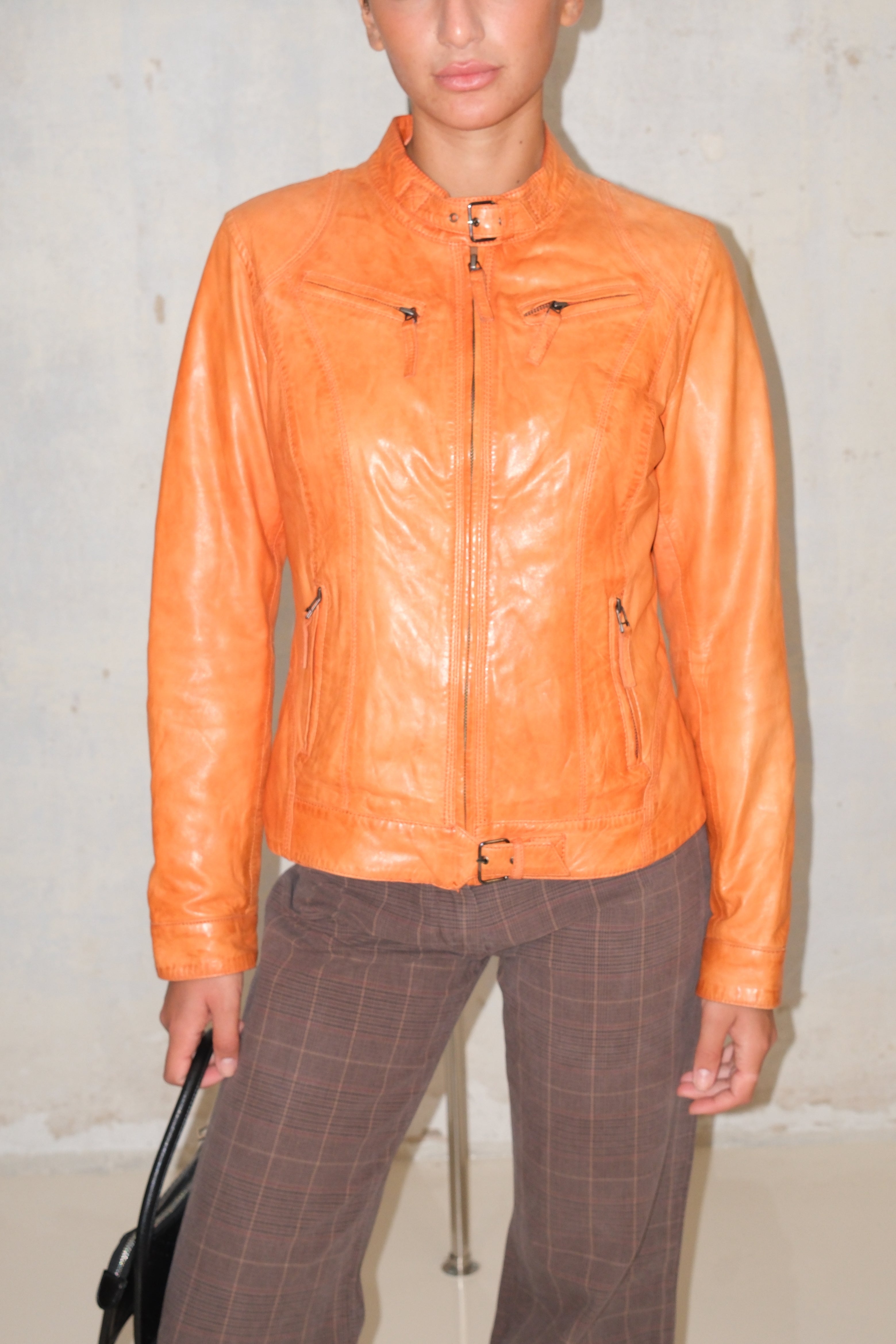 Leather Orange Jacket With Zippers