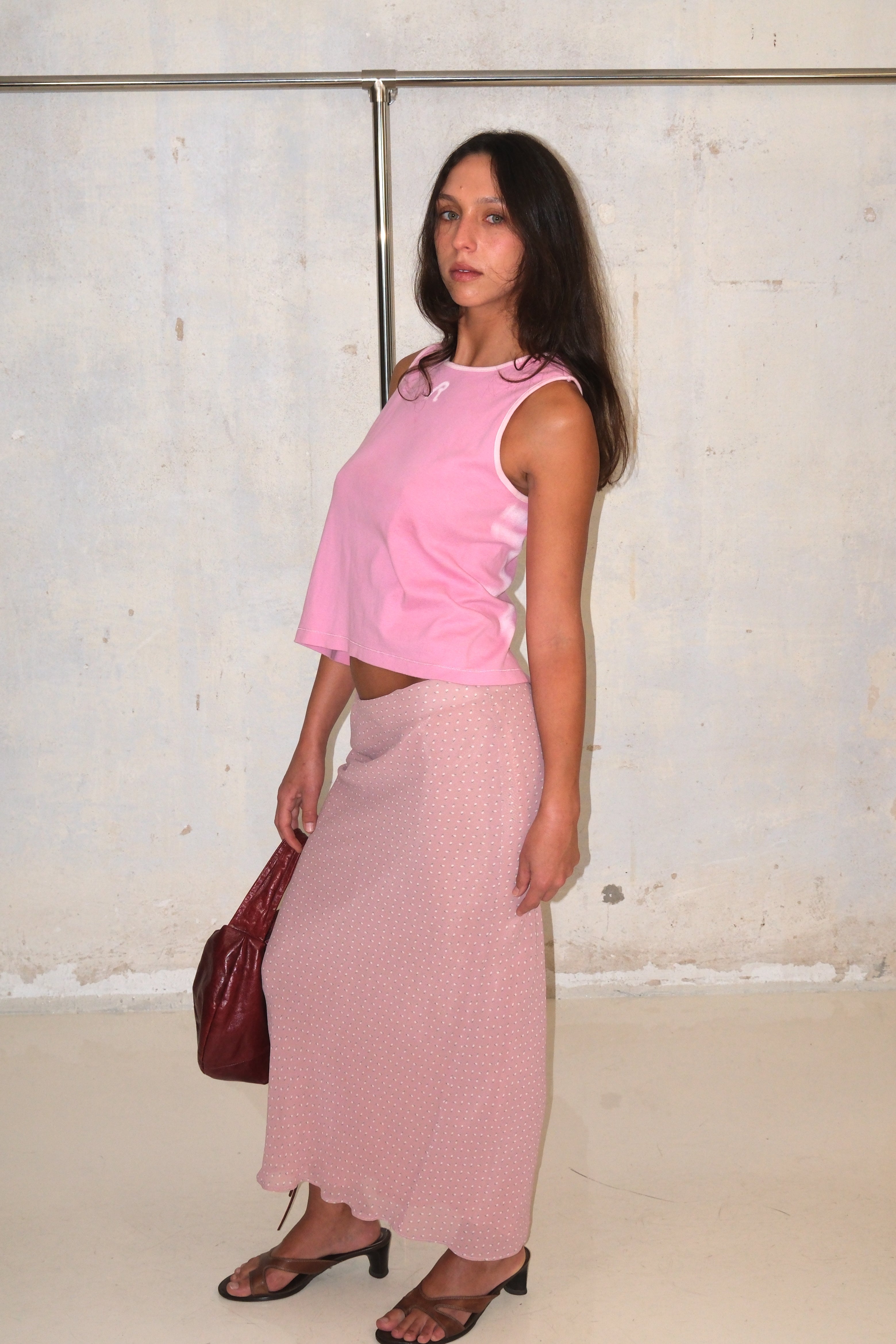 Low-Rise Pink Polka Dot Maxi Skirt