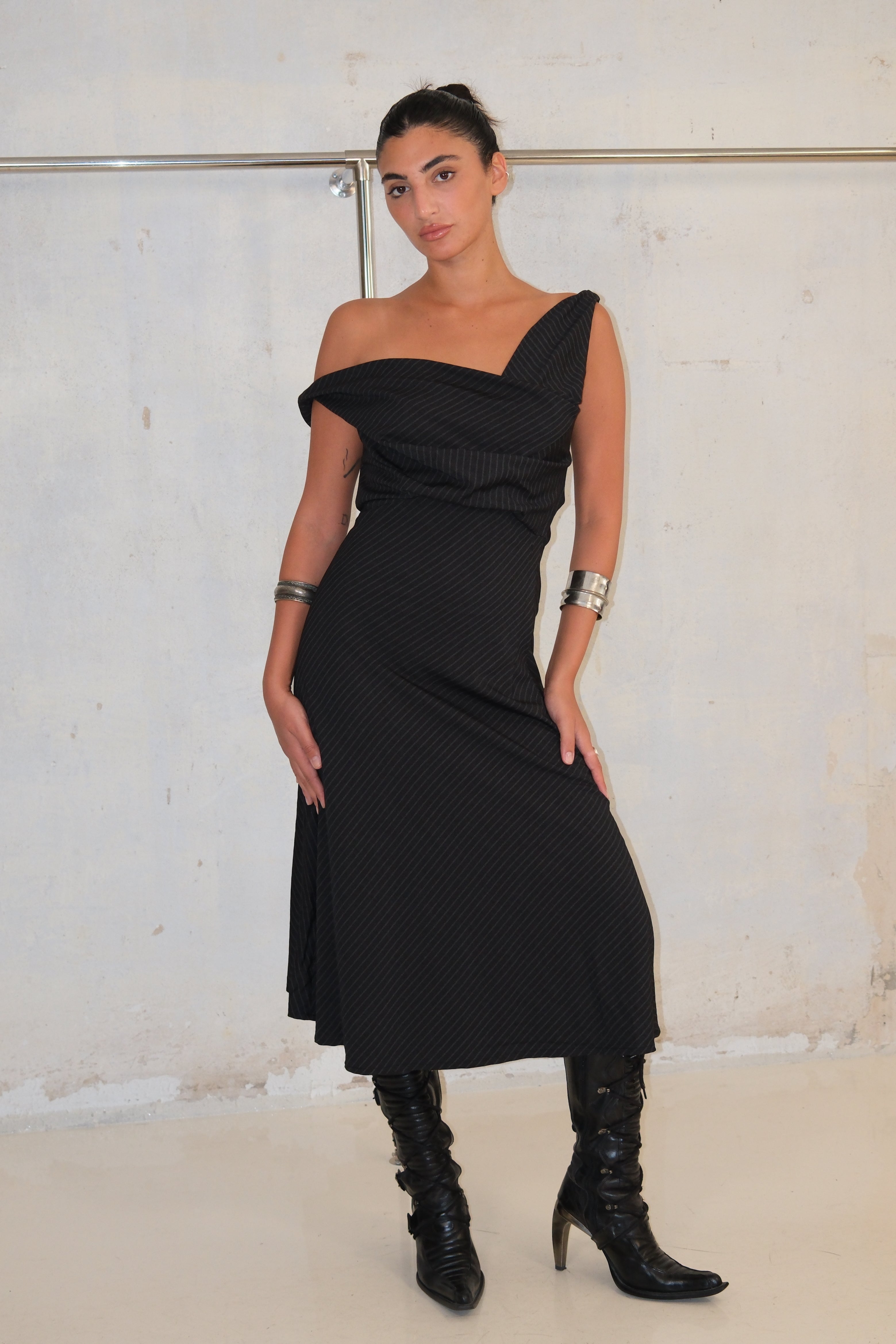 Off-Shoulder Maxi Striped Dress