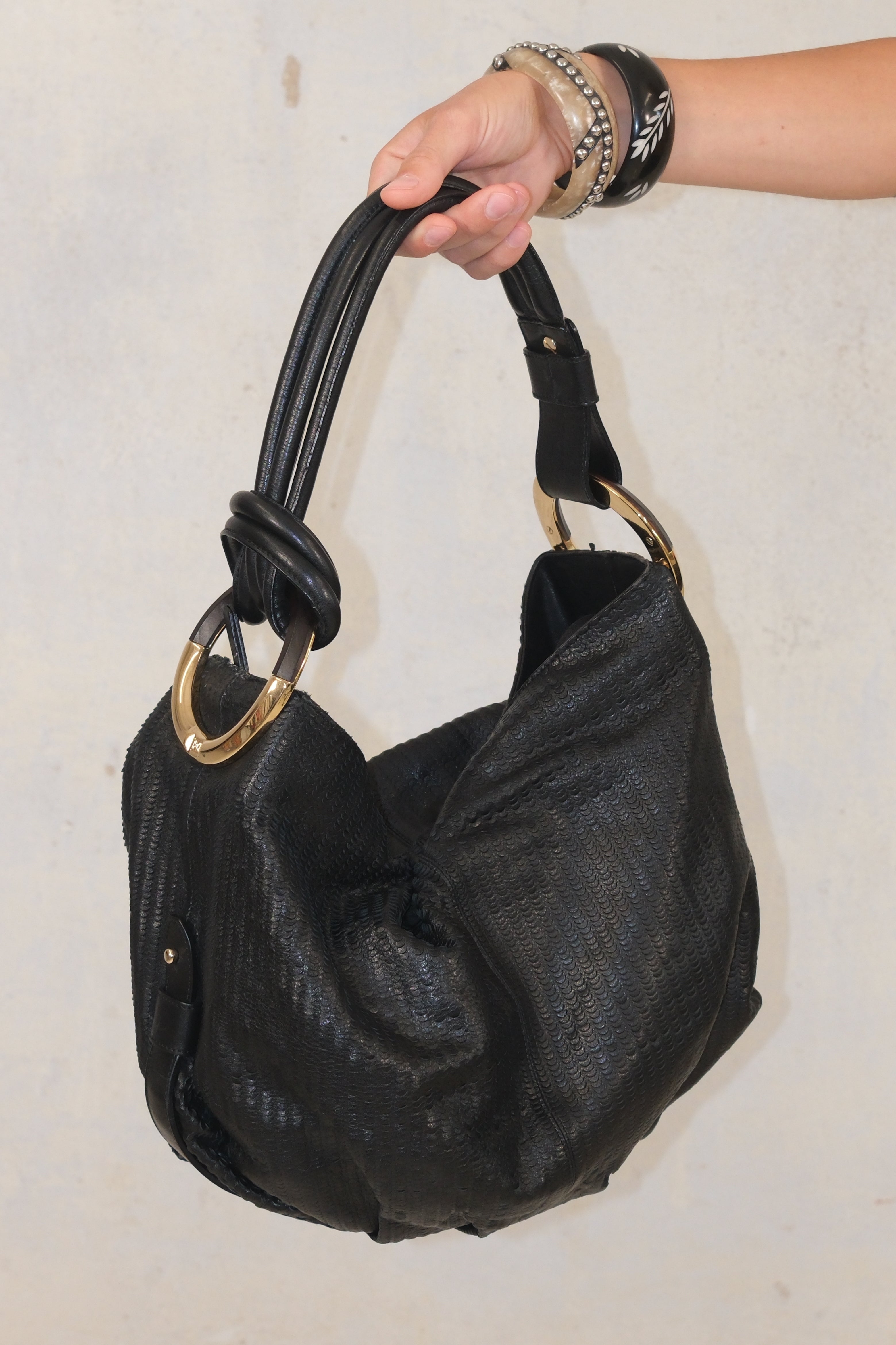 Escada Black Textured Shoulder Bag with Gold Ring Handles