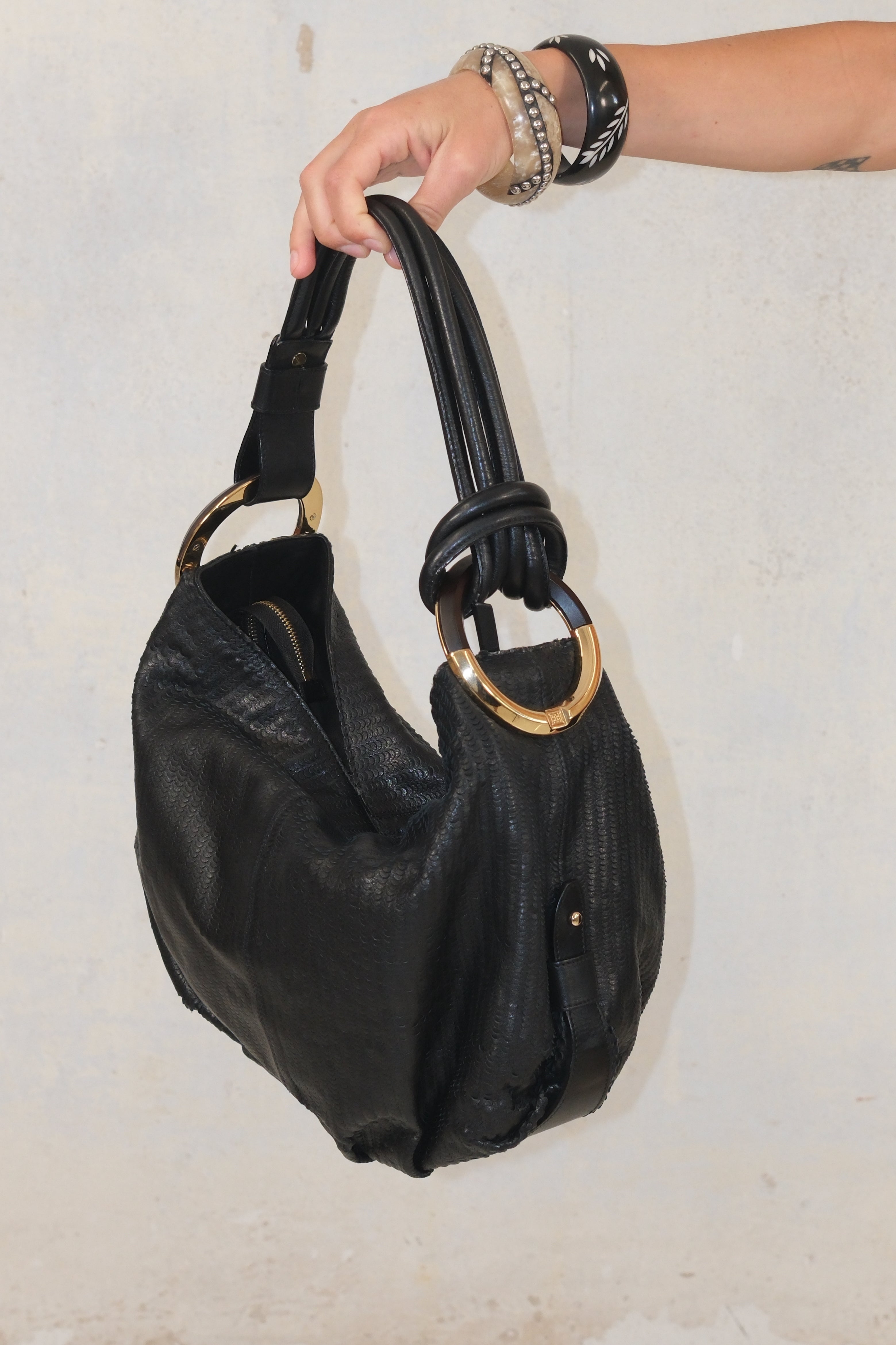 Escada Black Textured Shoulder Bag with Gold Ring Handles