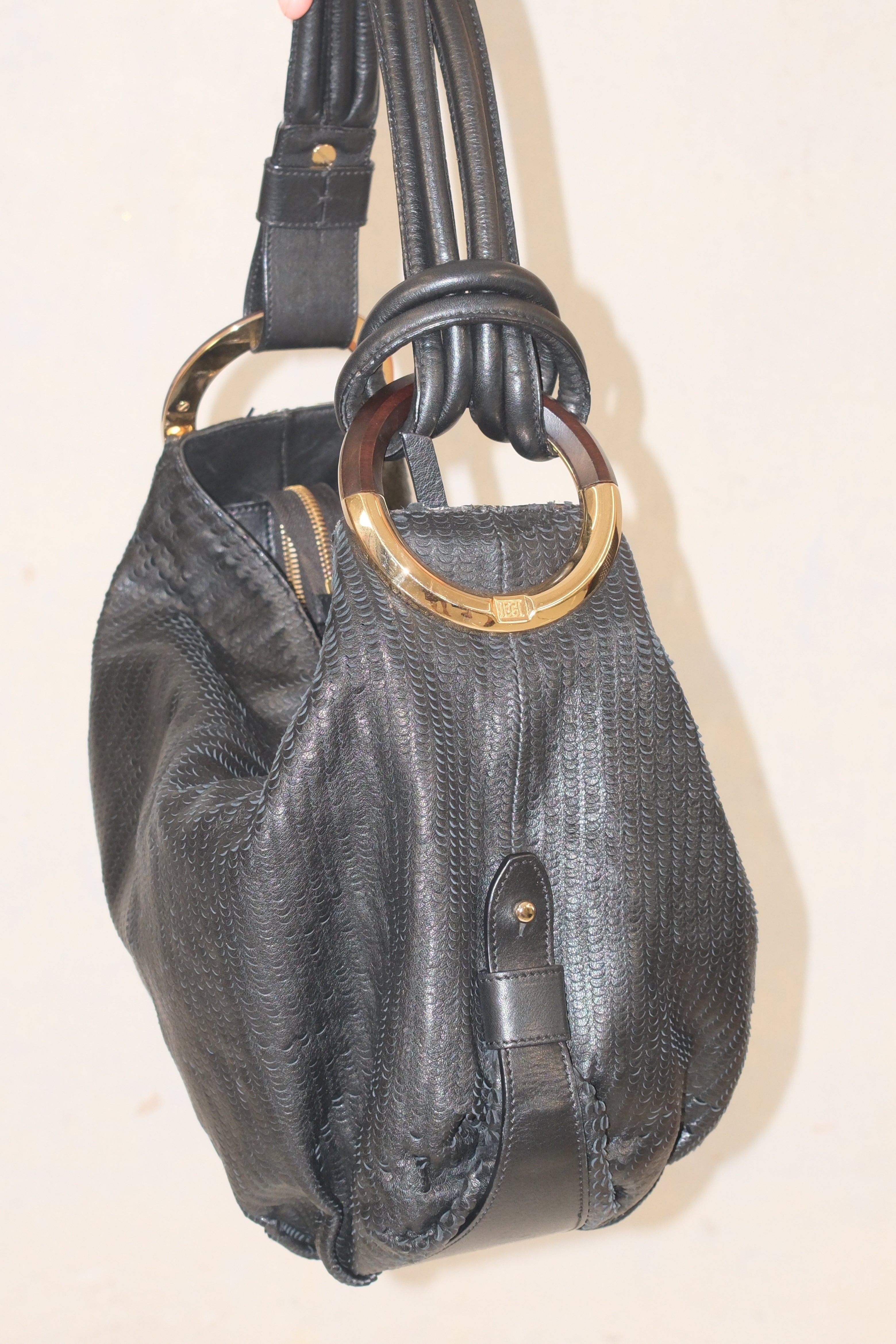 Escada Black Textured Shoulder Bag with Gold Ring Handles