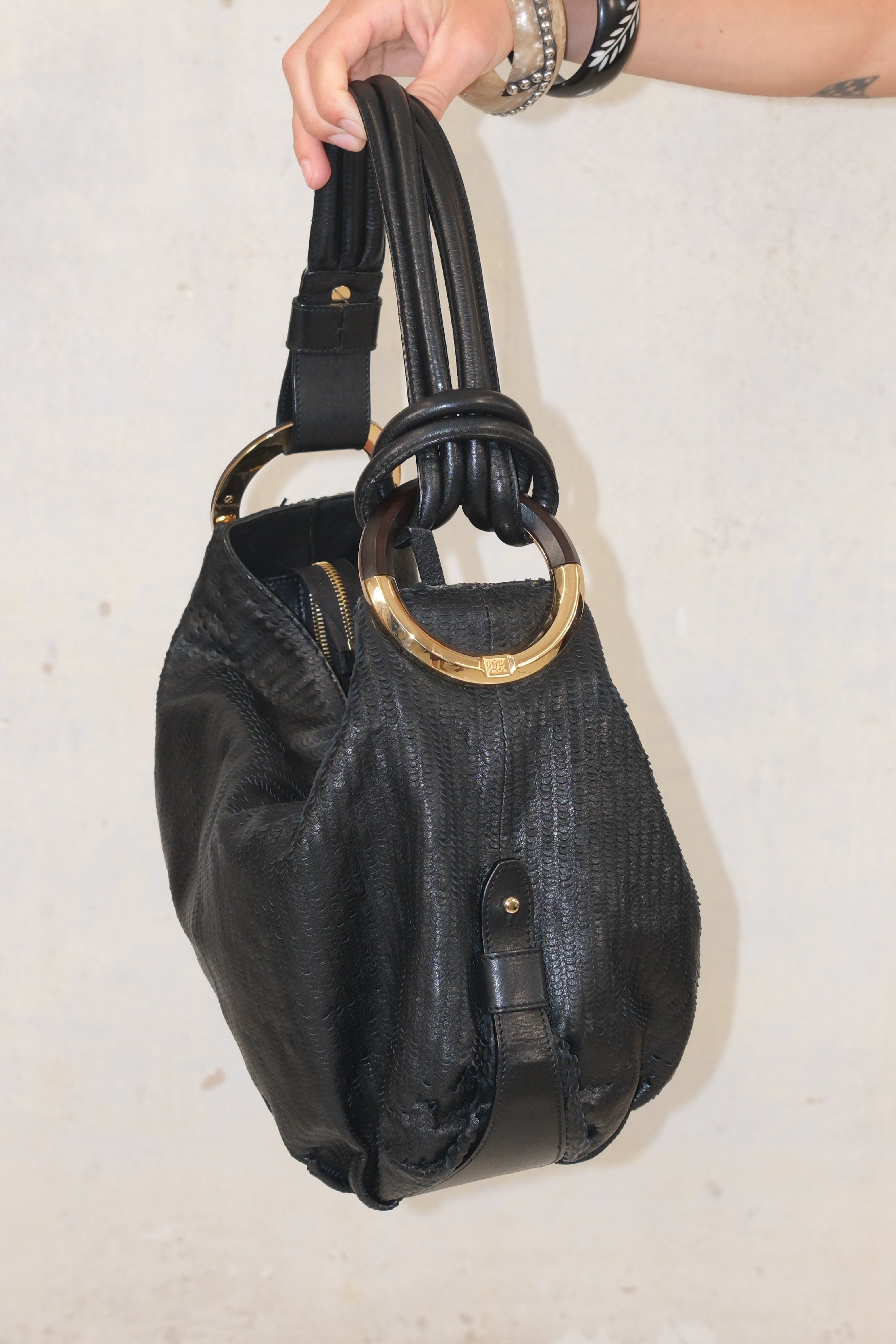 Escada Black Textured Shoulder Bag with Gold Ring Handles