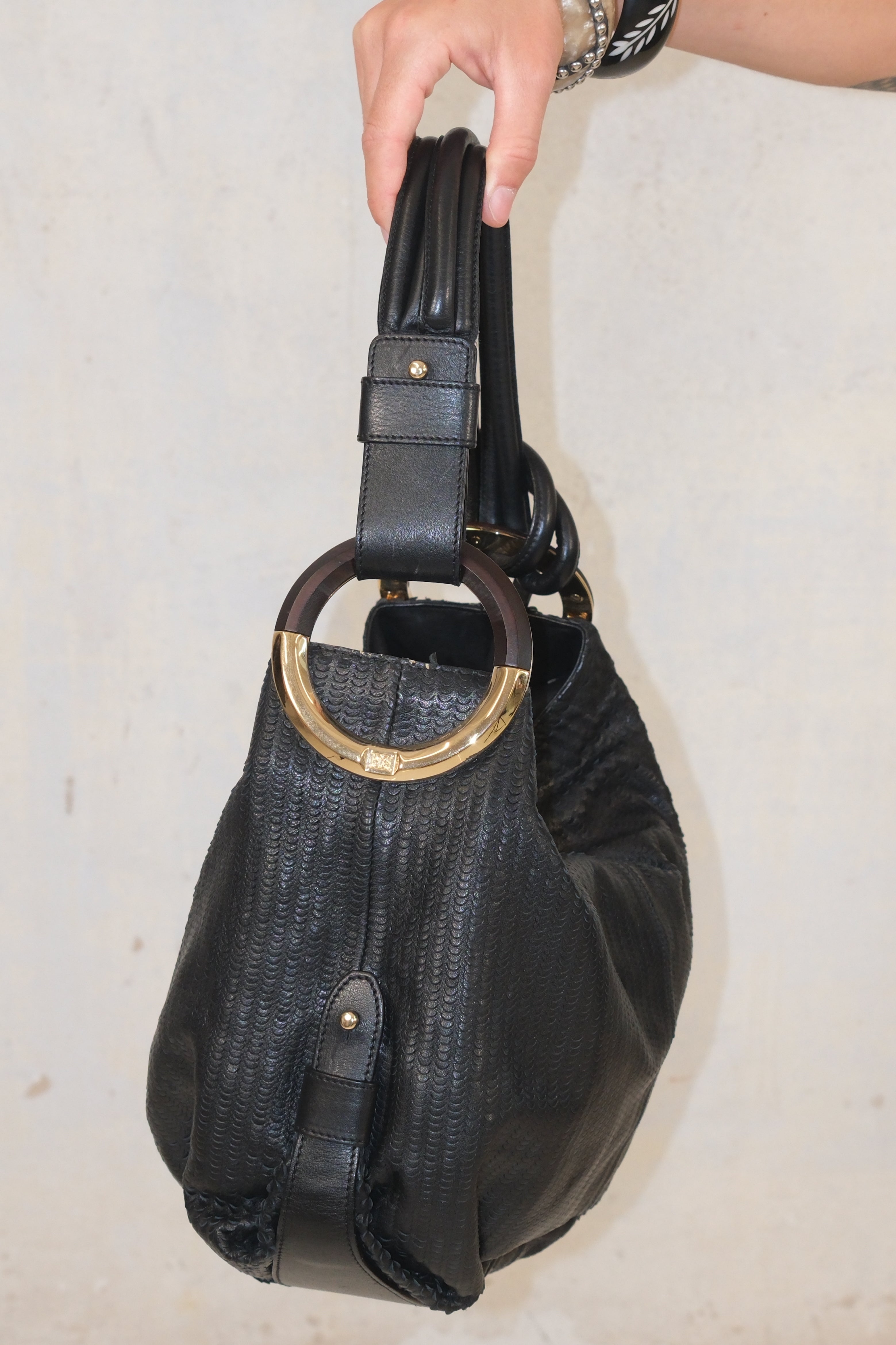 Escada Black Textured Shoulder Bag with Gold Ring Handles