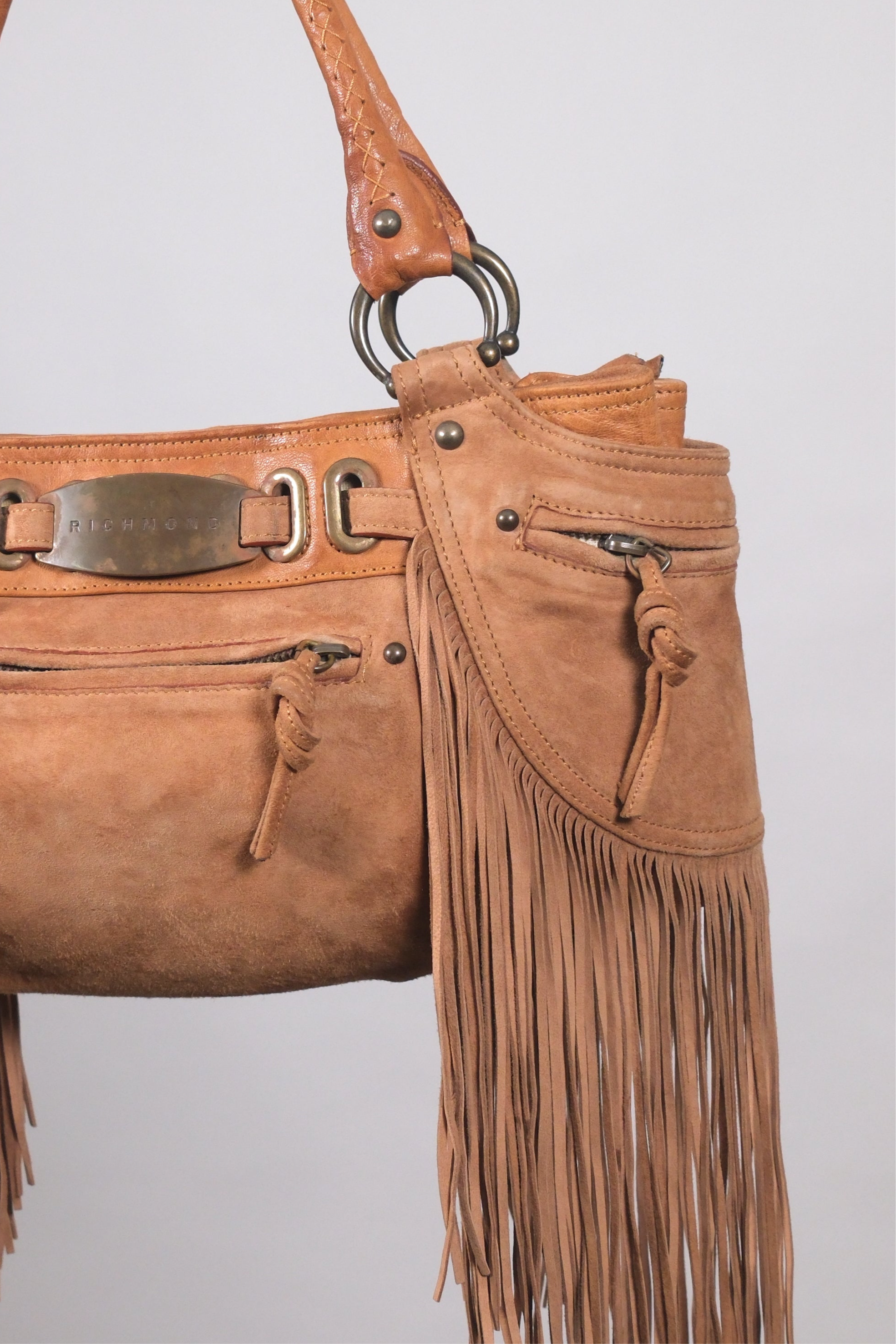 John Richmond Leather Brown Fringe Shoulder Bag