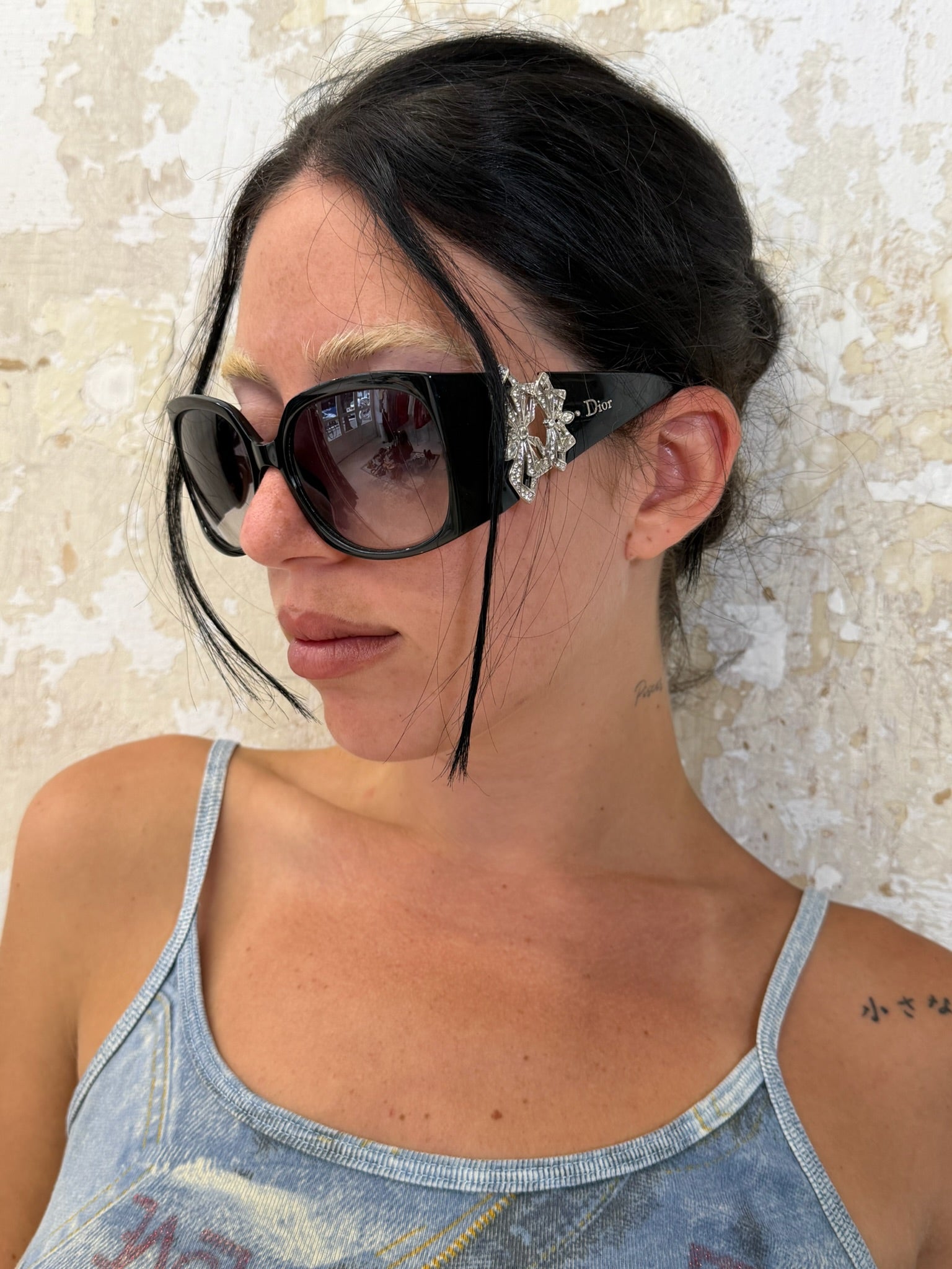 DIOR BLACK SUNGLASSES WITH RHINESTONE AND FLORAL EMBELLISHMENTS