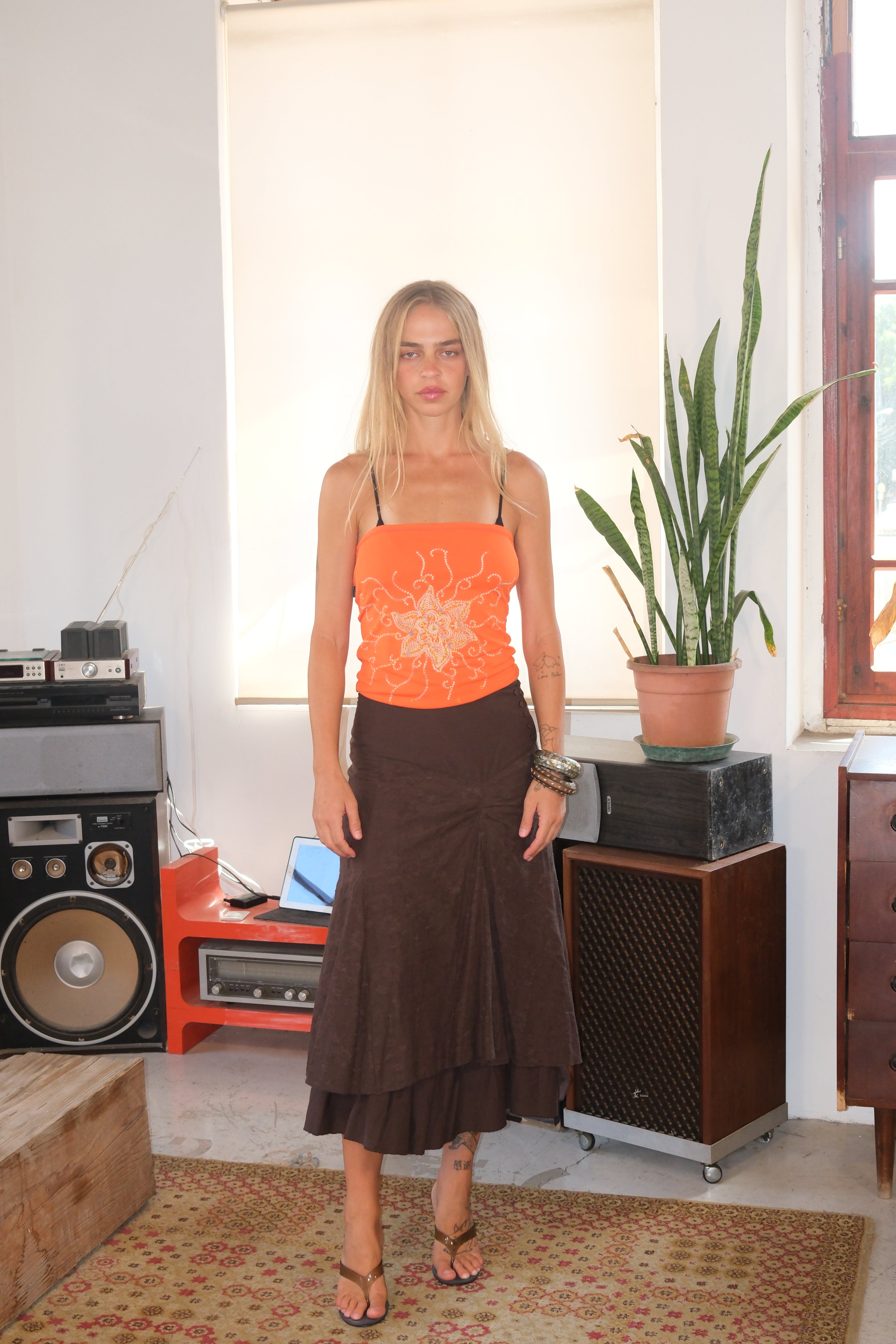 Orange Graphic Strapless Top