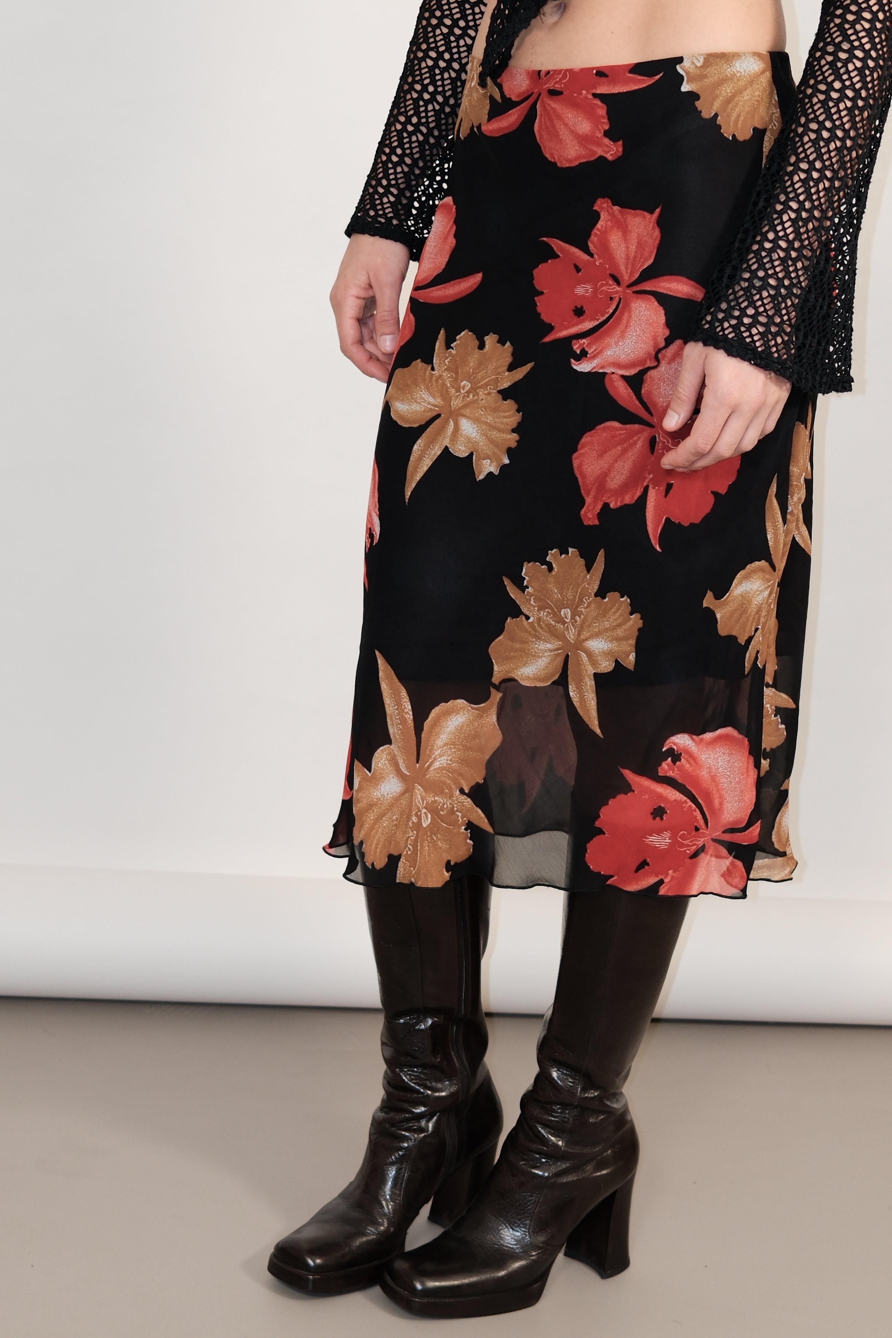 Mid-Length Black Floral Skirt