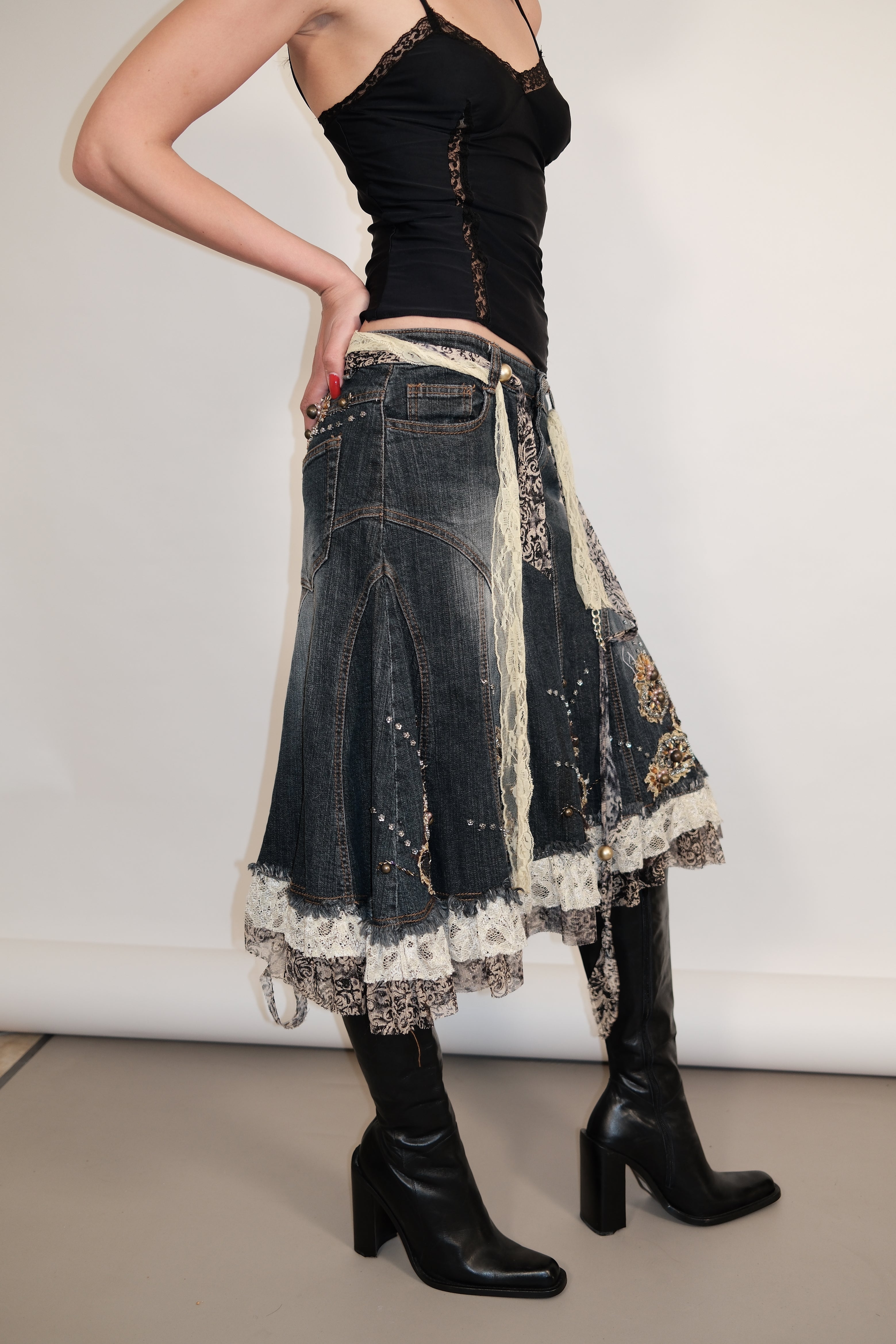 Denim Midi Skirt with Beaded Lace Trim and Back Detail