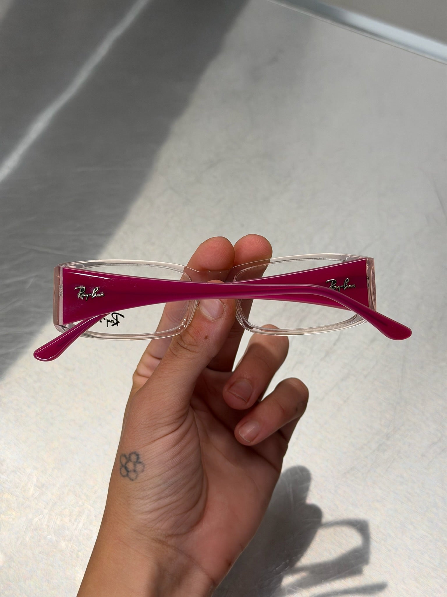 RAYBAN TRANSLUCENT PINK GLASSES WITH BRIGHT PINK TEMPLES