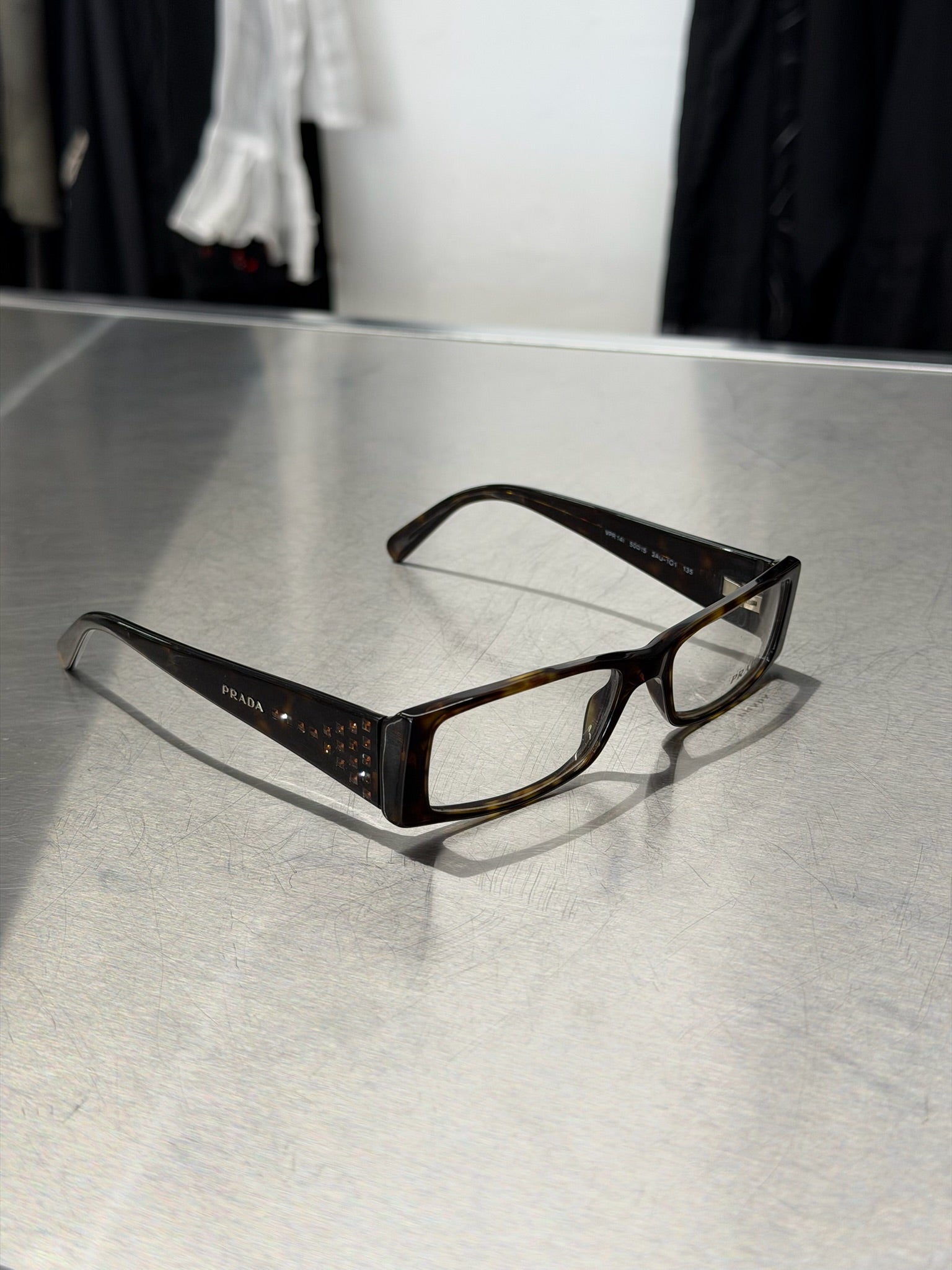 PRADA TORTOISESHELL BROWN GLASSES WITH LOGO AND RHINESTONE TEMPLES