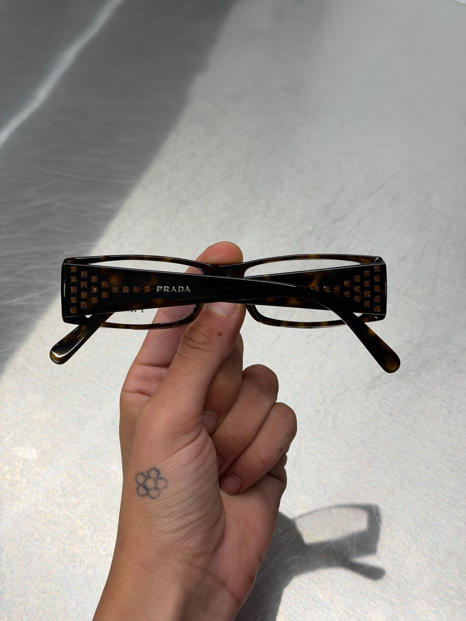 PRADA TORTOISESHELL BROWN GLASSES WITH LOGO AND RHINESTONE TEMPLES