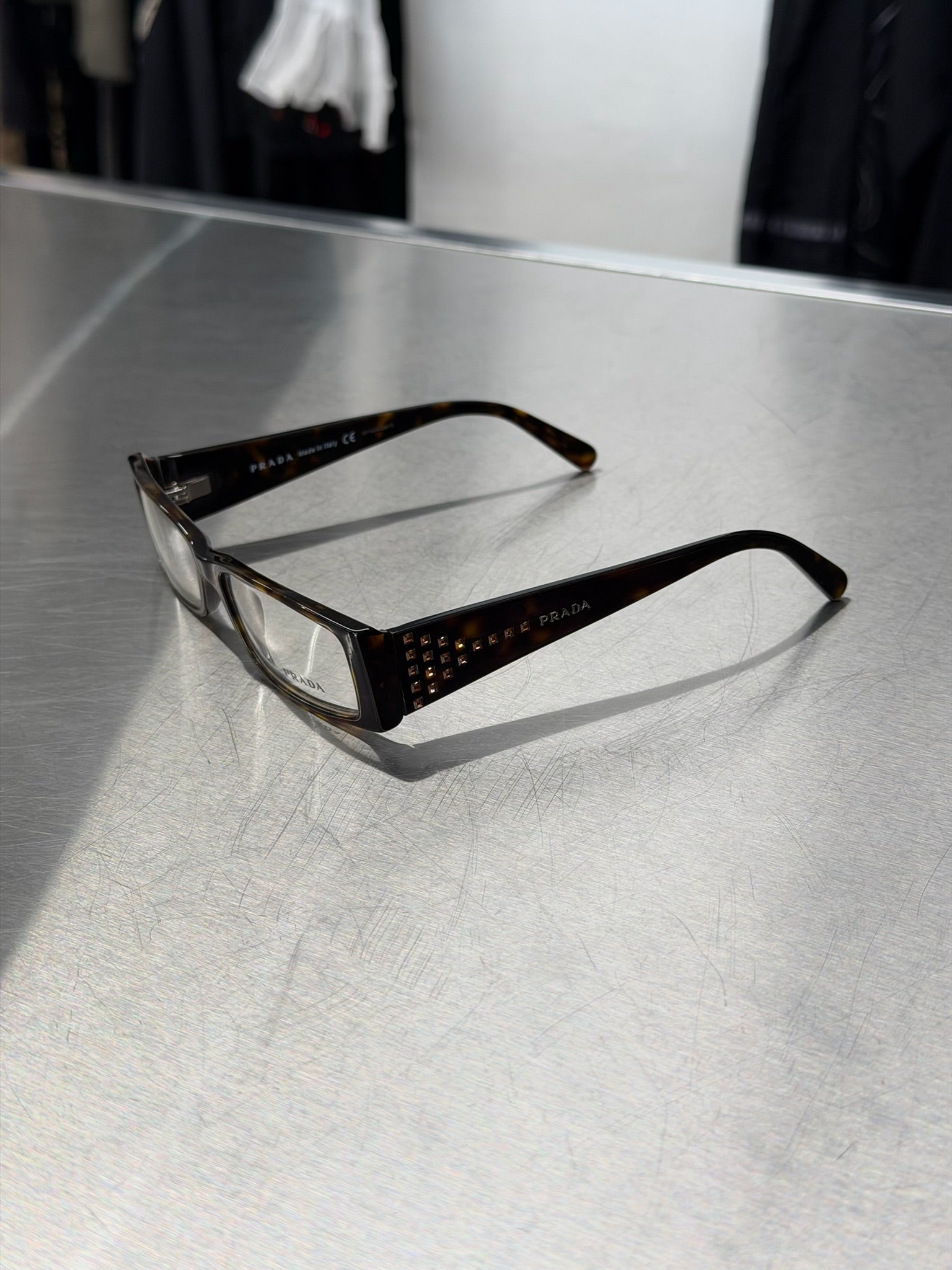 PRADA TORTOISESHELL BROWN GLASSES WITH LOGO AND RHINESTONE TEMPLES