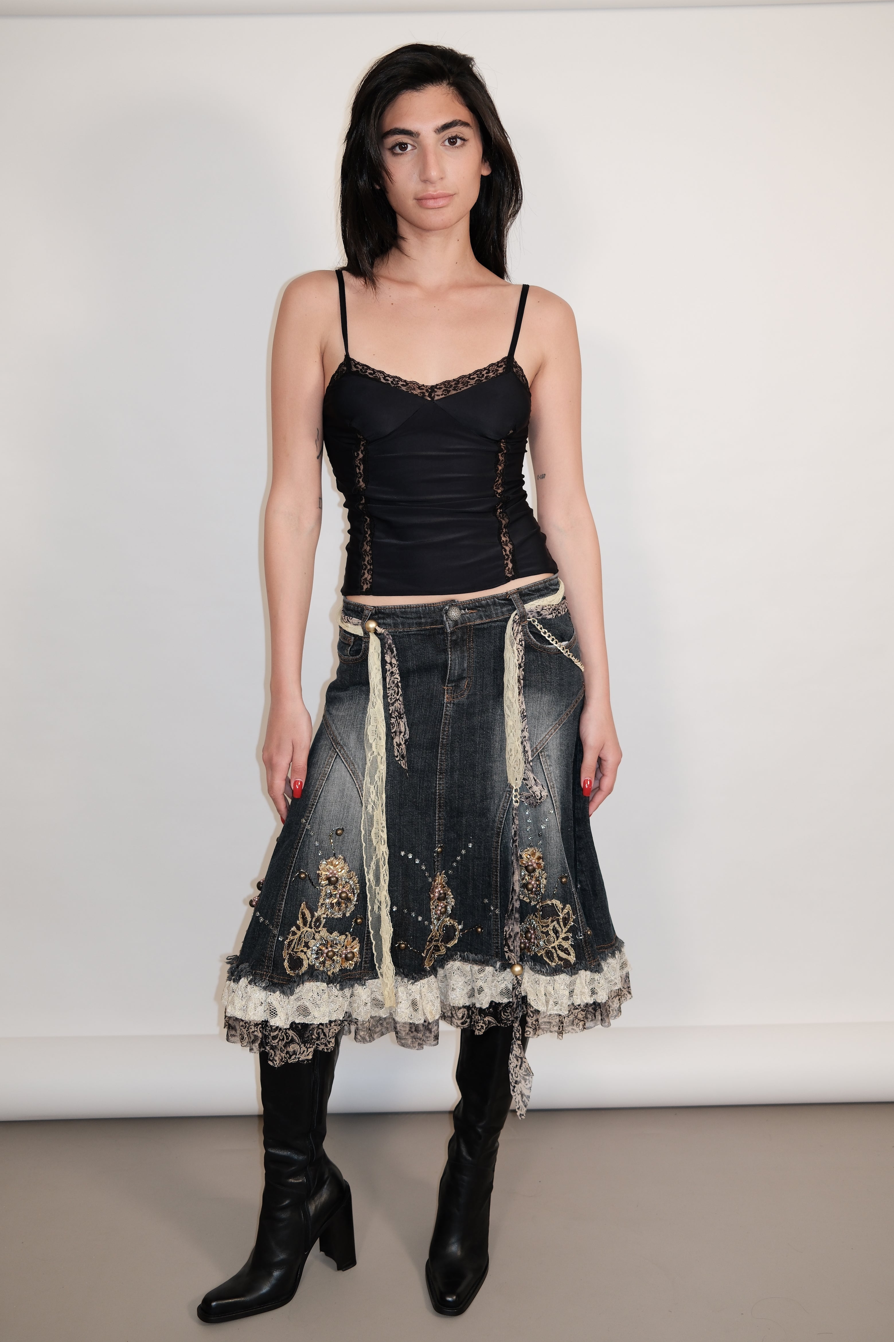 Denim Midi Skirt with Beaded Lace Trim and Back Detail