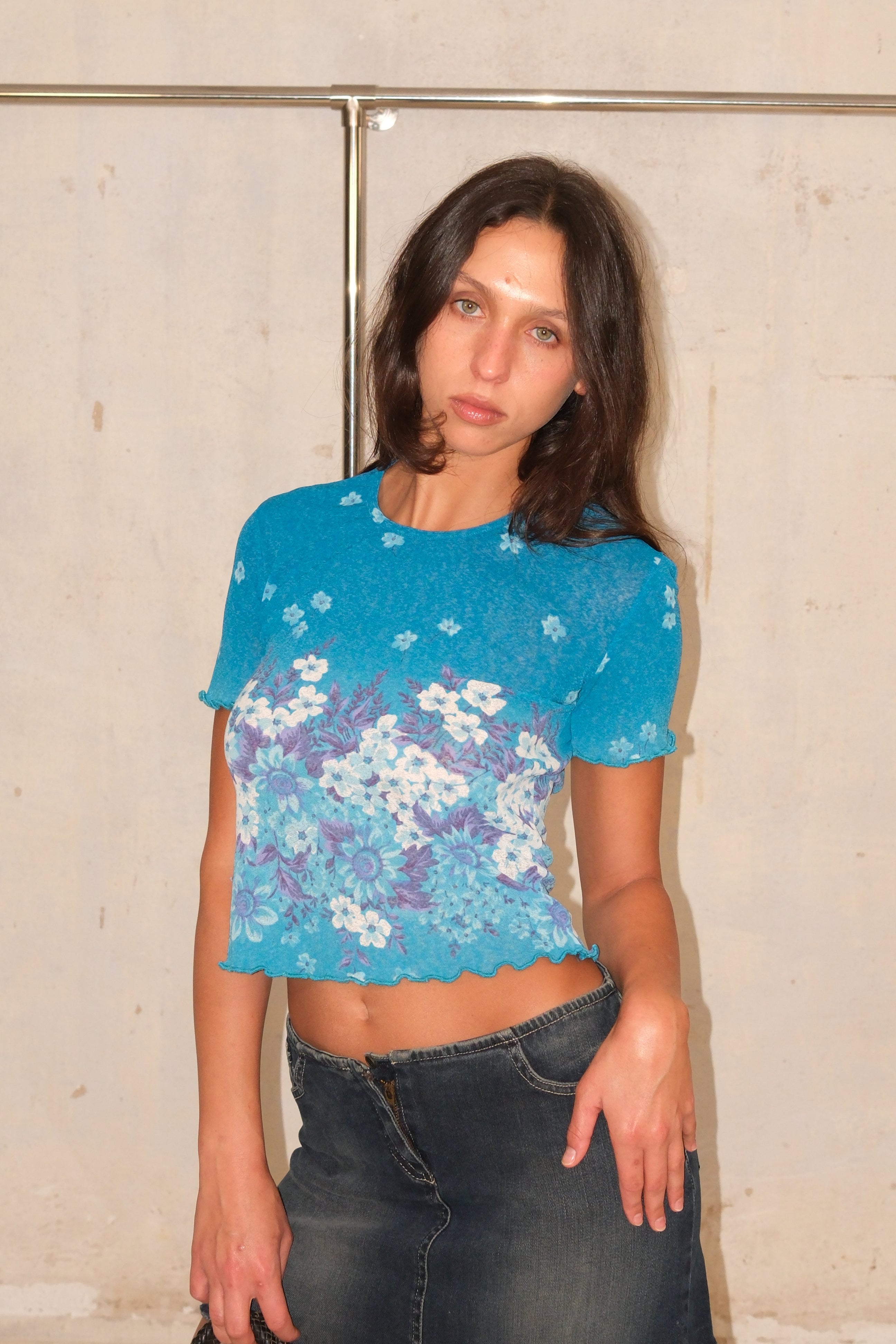 Blue Floral Mesh Baby Tee
