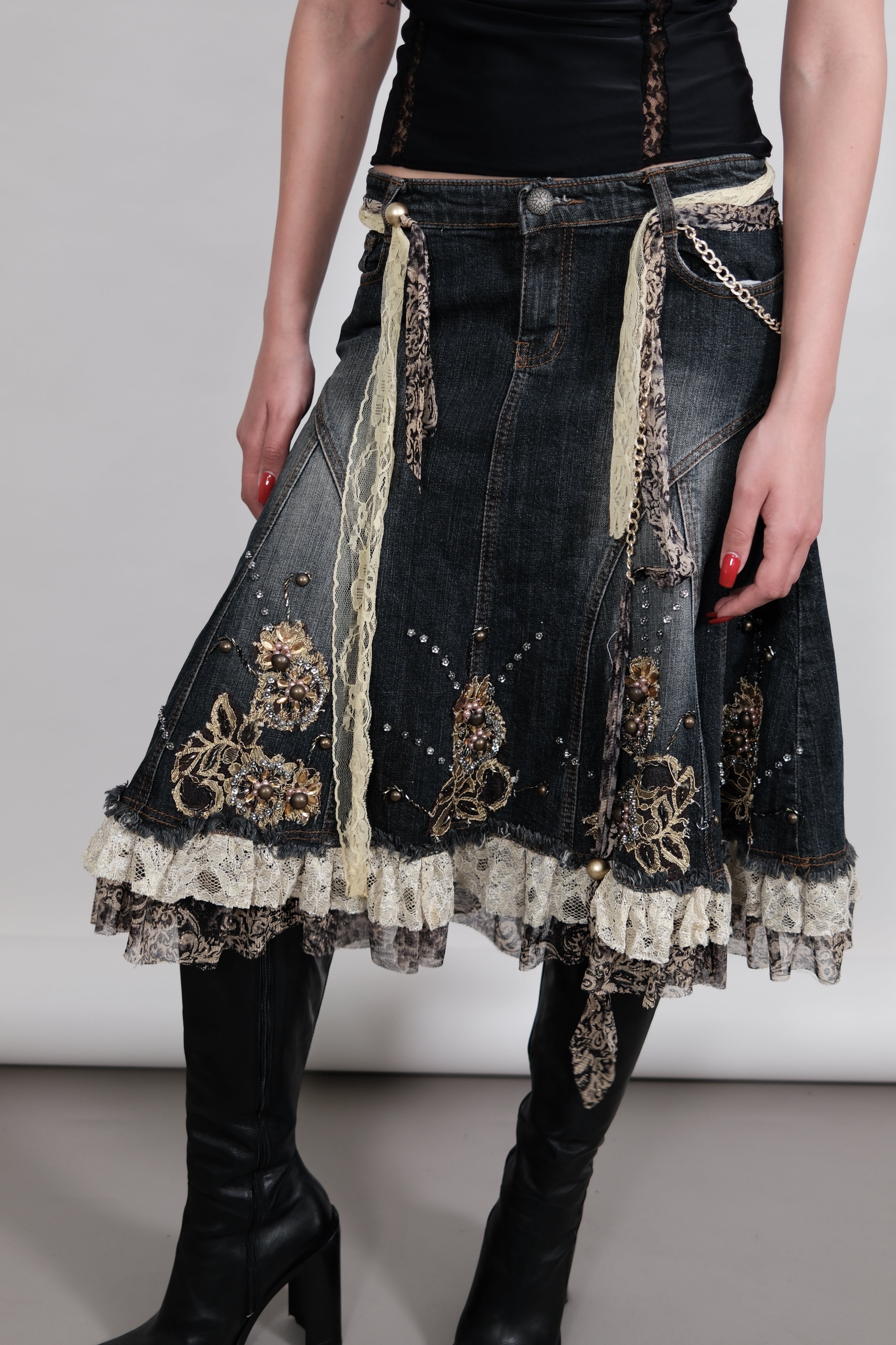 Denim Midi Skirt with Beaded Lace Trim and Back Detail