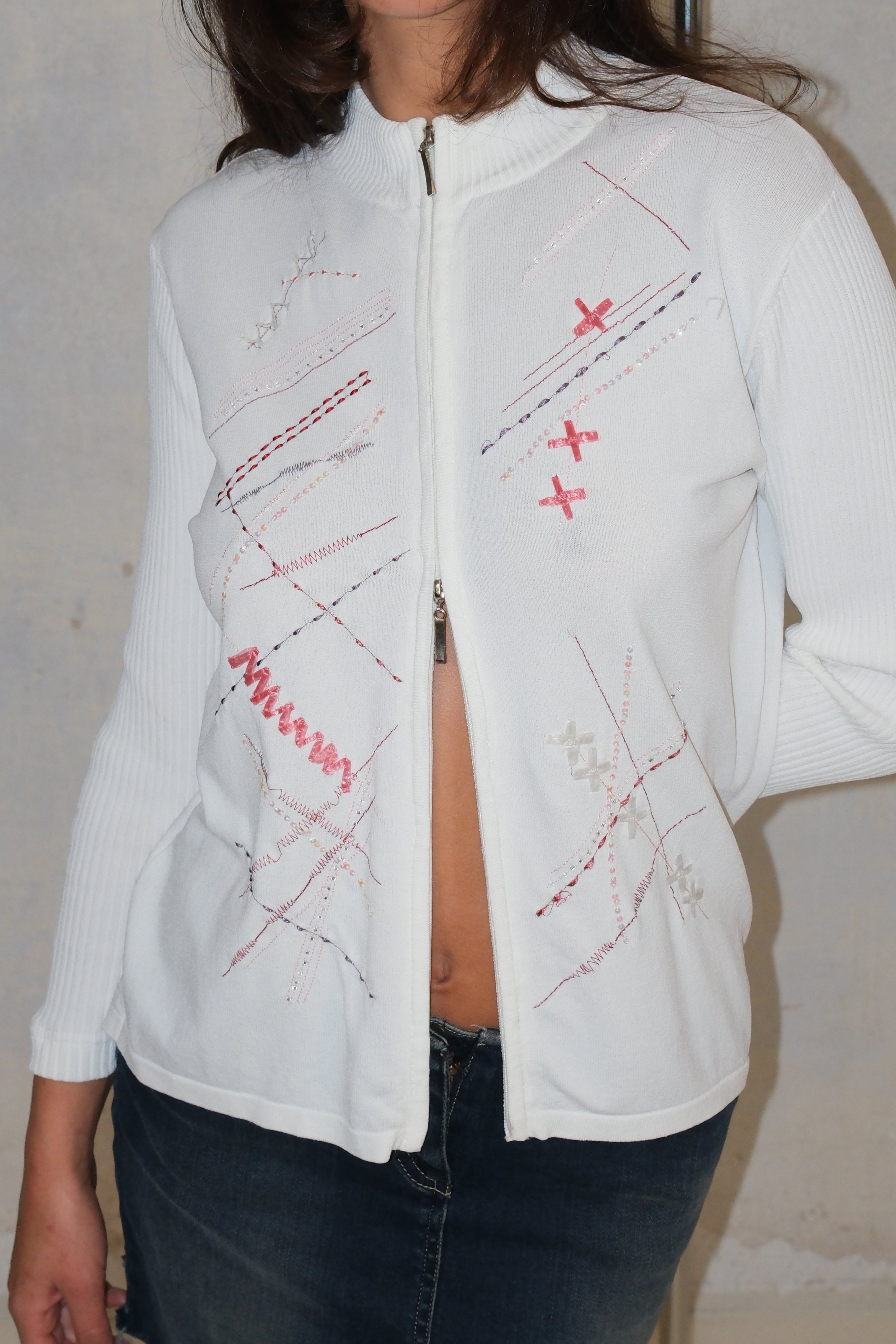 Two-Way Zipper Cardigan With Embellishments