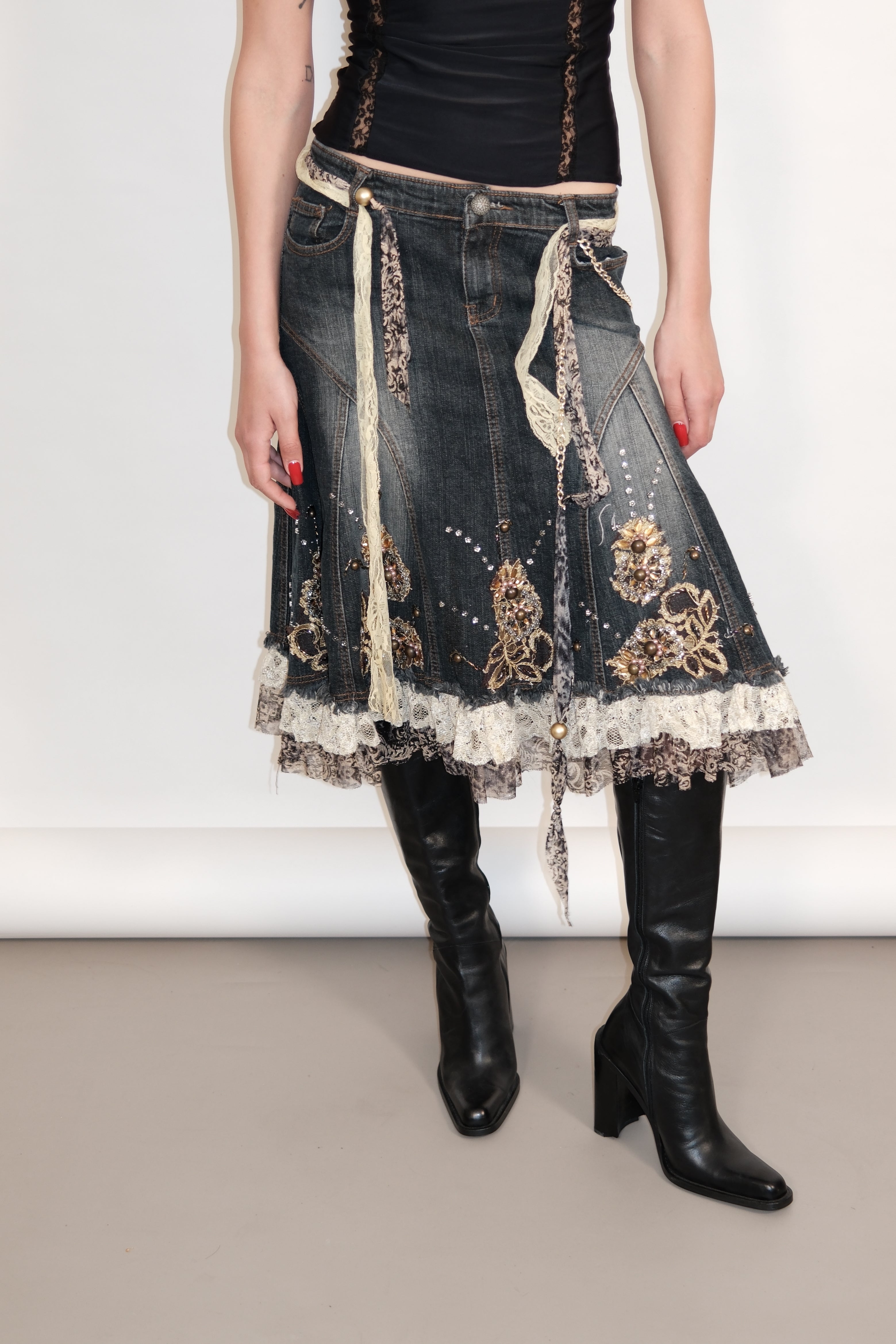 Denim Midi Skirt with Beaded Lace Trim and Back Detail