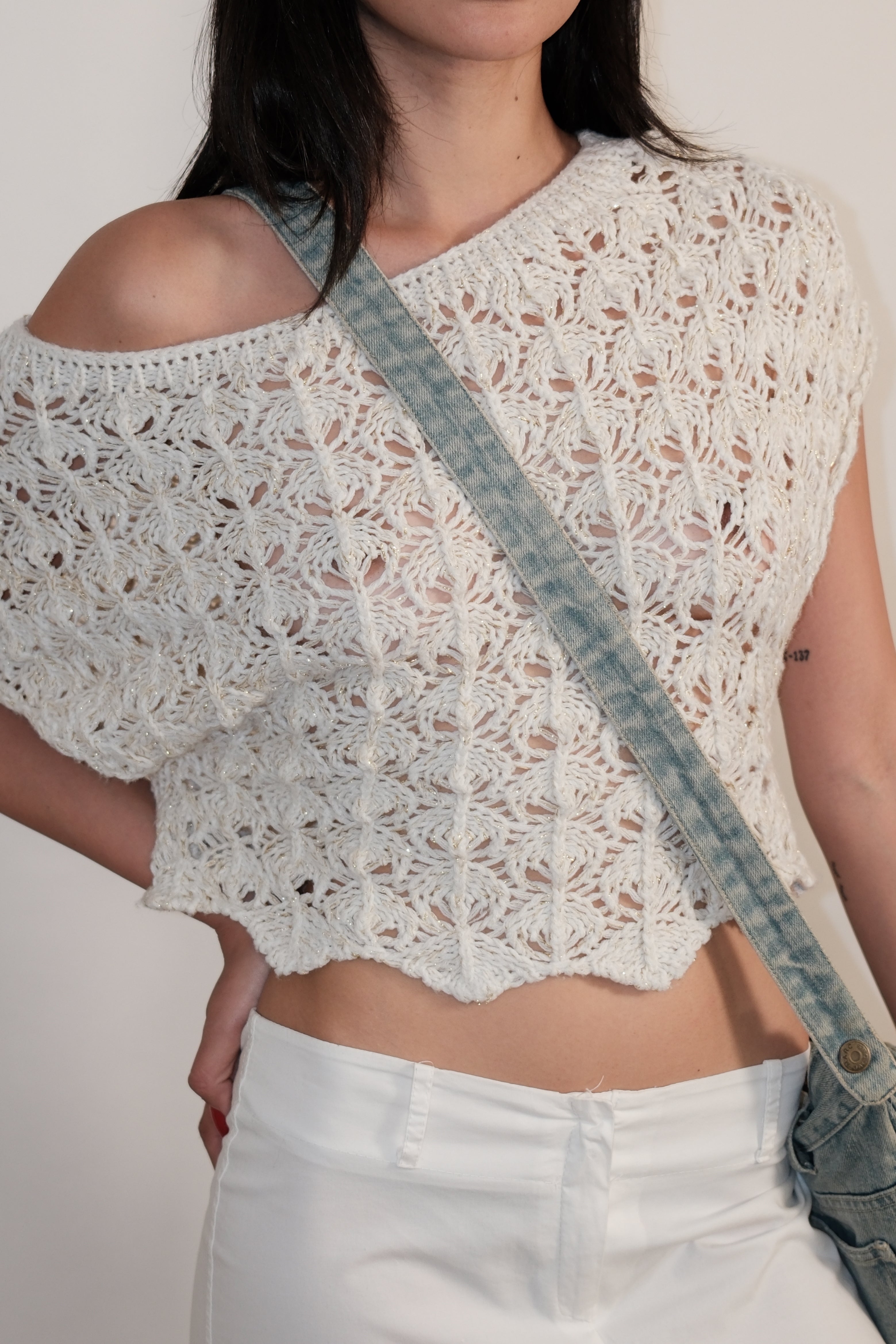 White Crochet Top With Gold Details