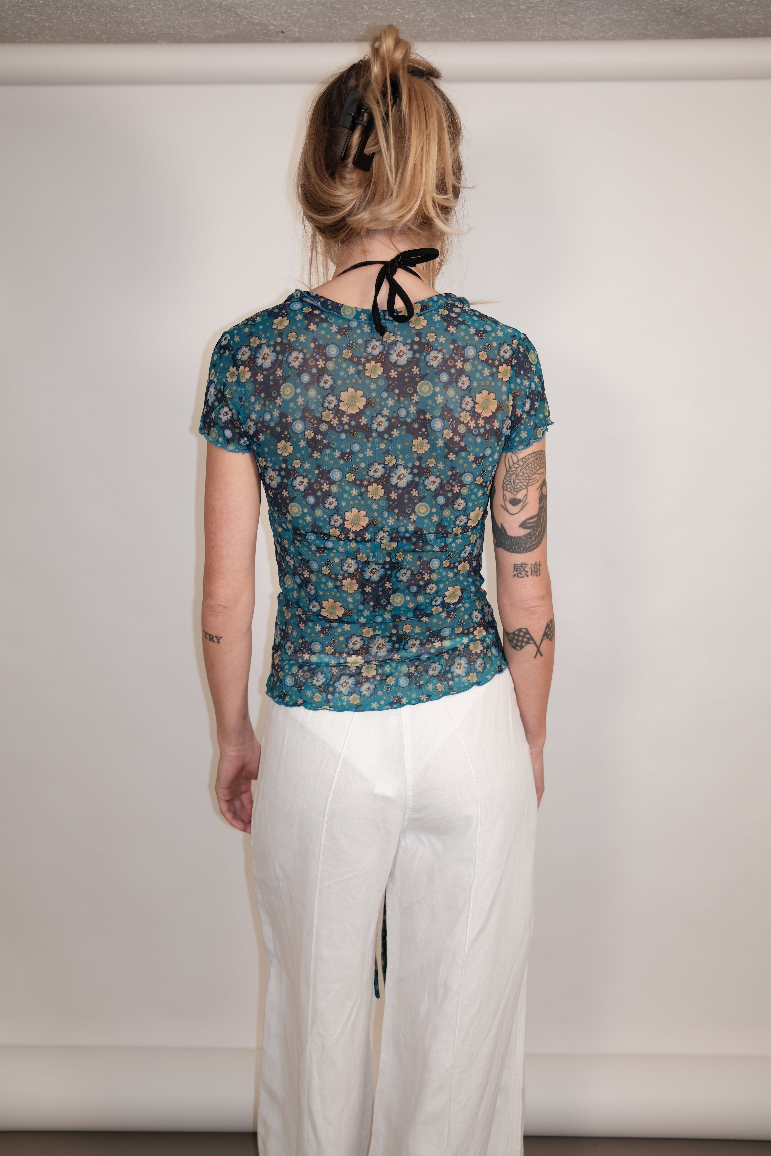 Blue Floral Semi-Sheer Top with Front Tie