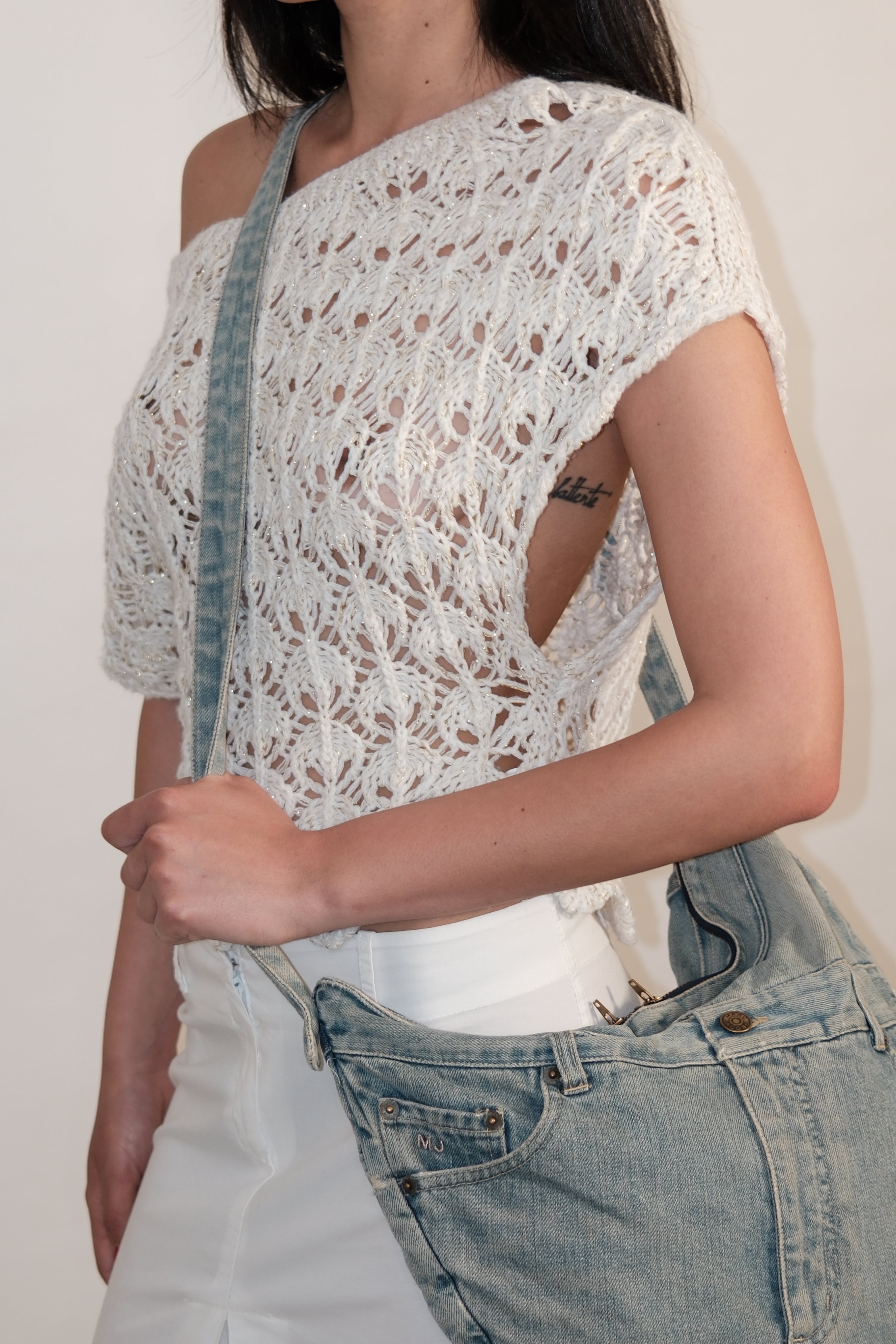 White Crochet Top With Gold Details